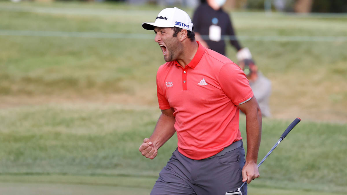 Jon Rahm, red shirt, white cap, SD Desktop Wallpaper