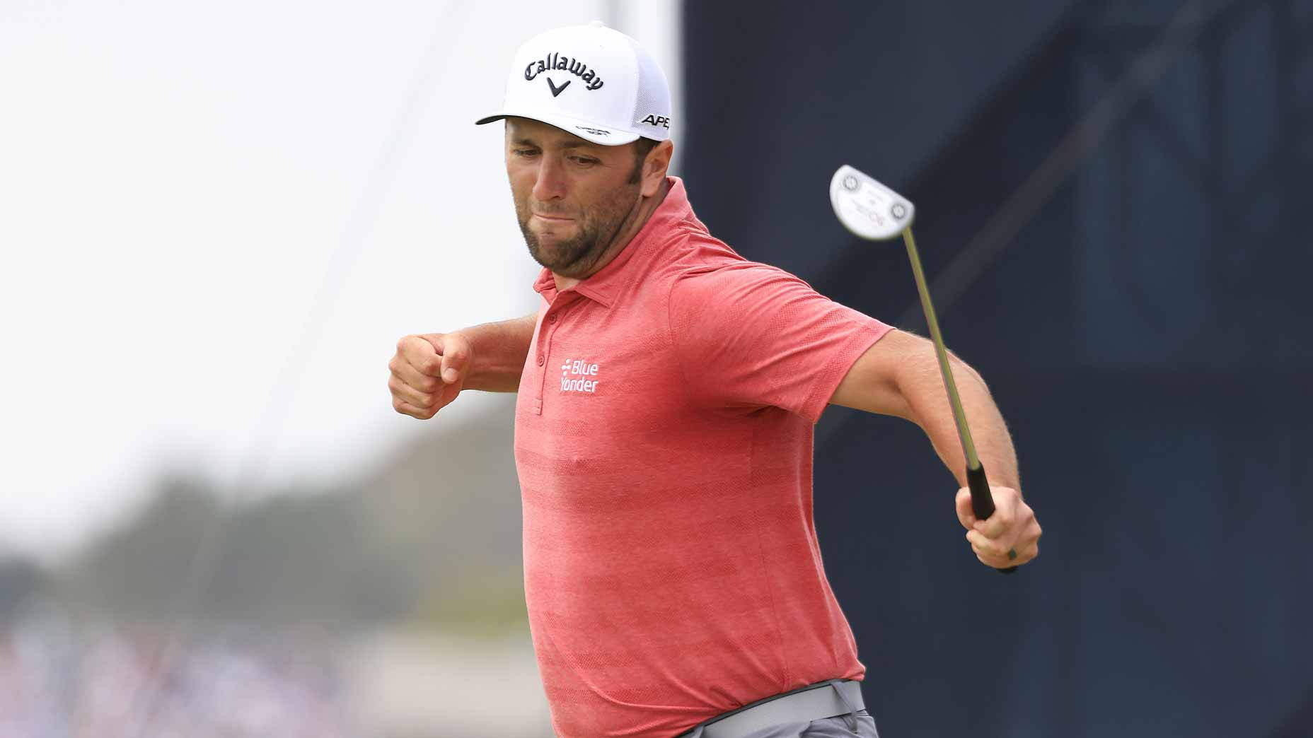 Jon Rahm, red polo, white cap, HD Desktop Wallpaper