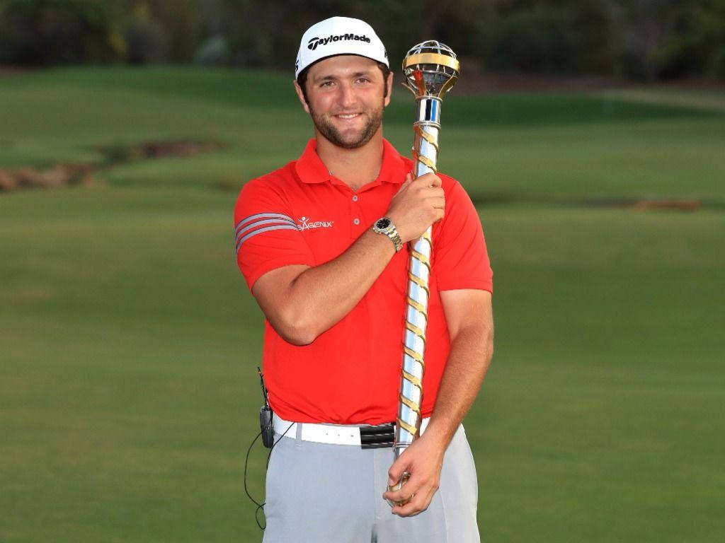 Jon Rahm, gold baton, red polo shirt, SD Desktop Wallpaper
