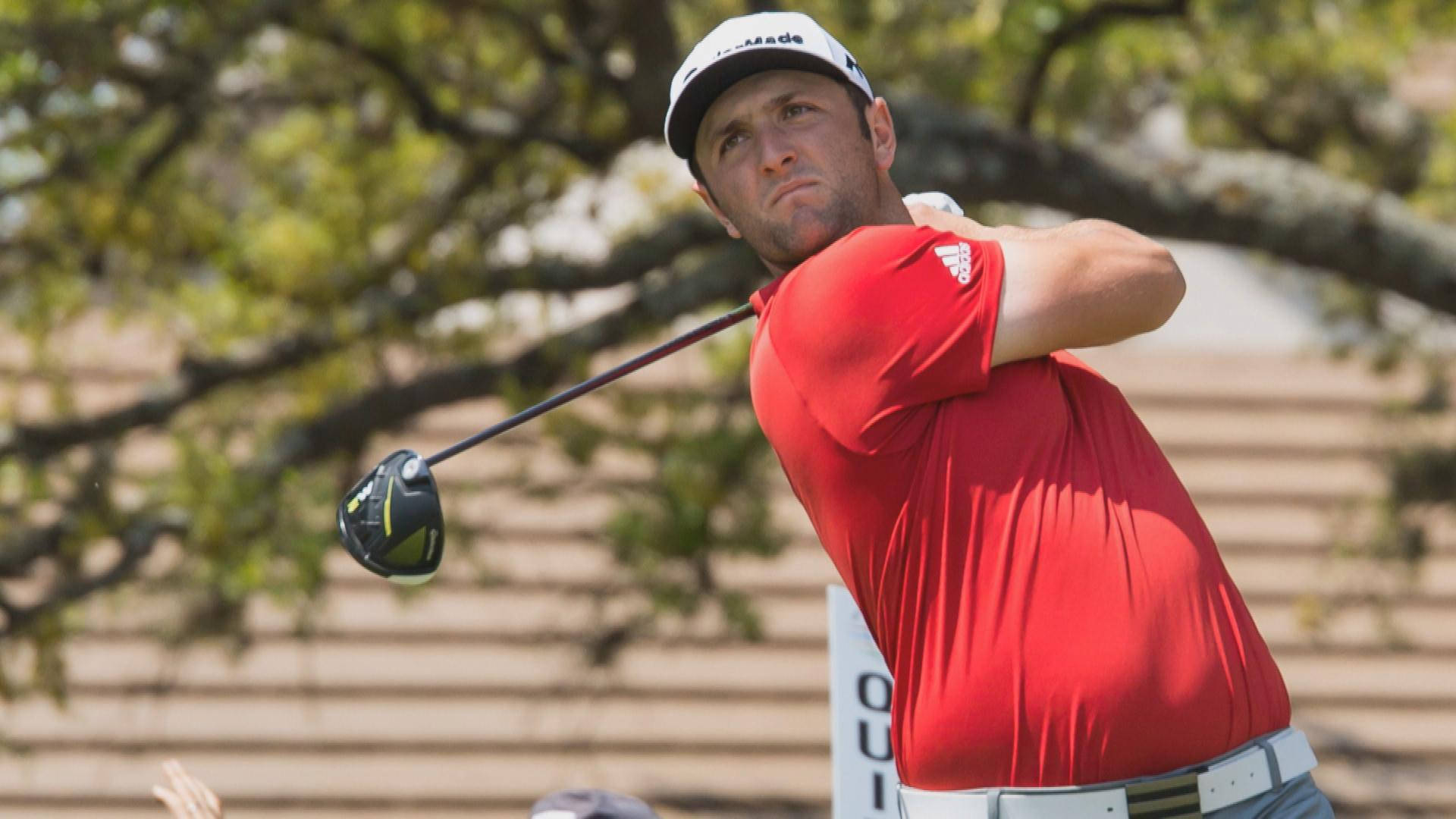Jon Rahm, red shirt, green trees, Full HD Desktop Wallpaper