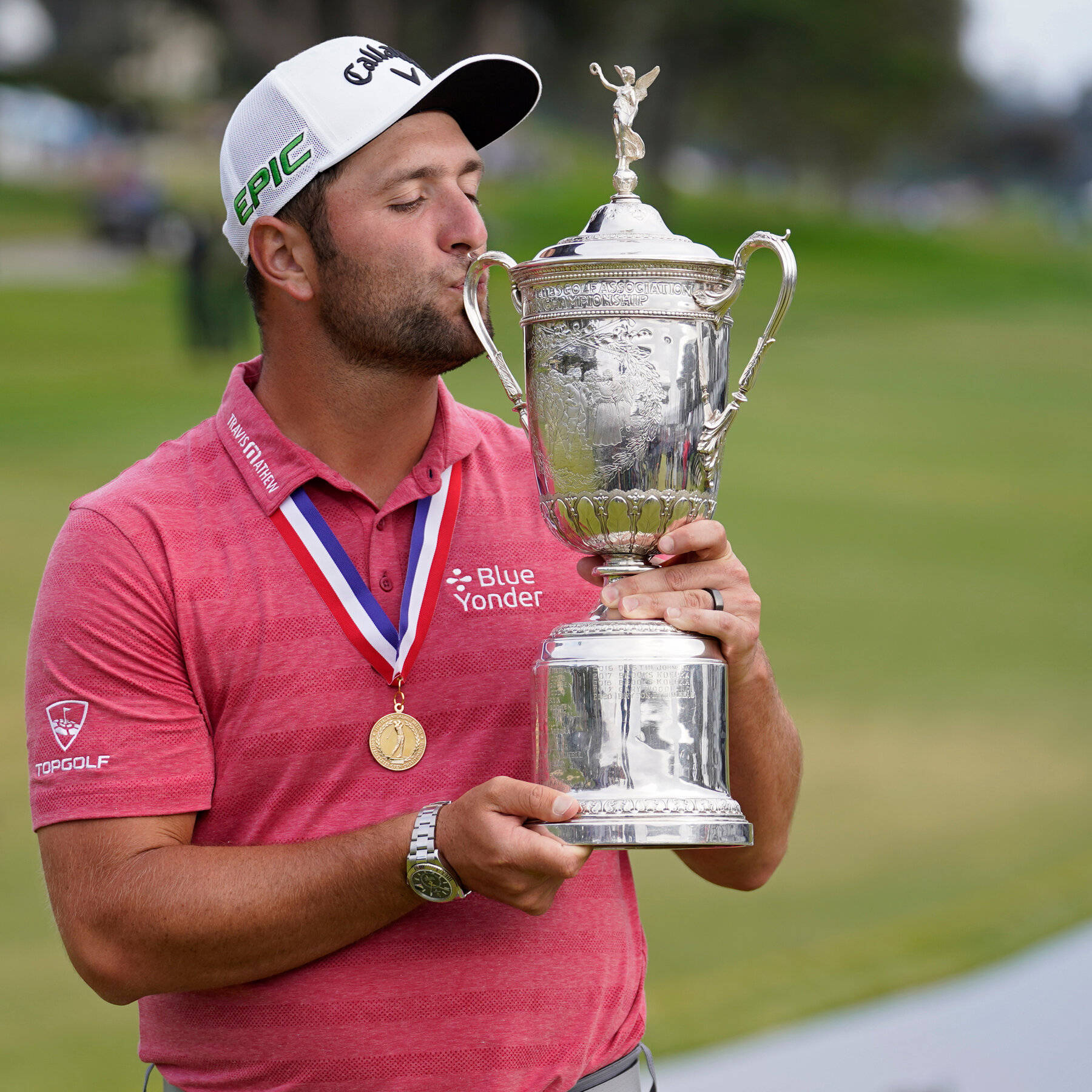 Jon Rahm, gleaming silver trophy, red polo, HD Desktop Wallpaper