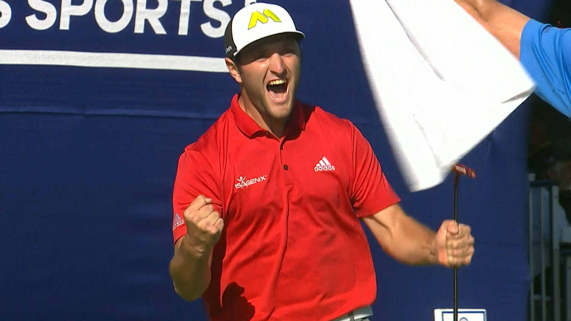 Jon Rahm, red shirt, white cap, Full HD Desktop Wallpaper