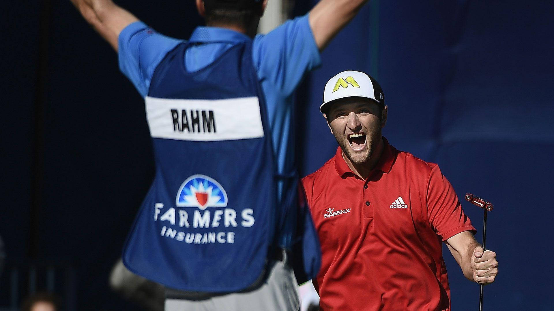 Jon Rahm, red shirt, cap, Full HD Desktop Wallpaper