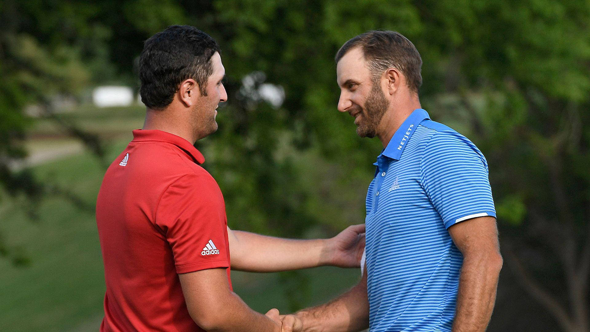 Jon Rahm, red polo shirt, blue polo shirt, Full HD Desktop Wallpaper