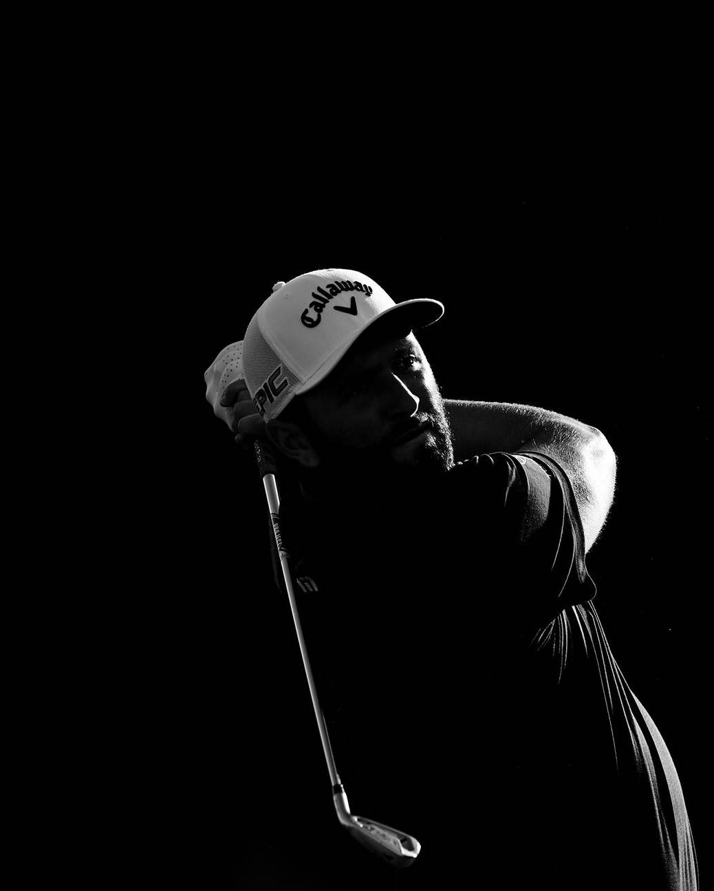 Jon Rahm, black and white photo, mid-swing, HD Phone Wallpaper