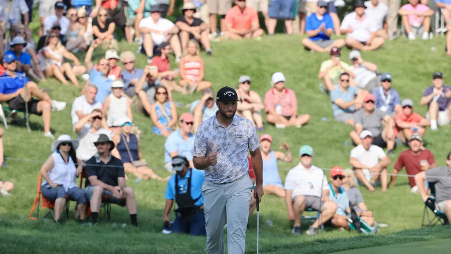 Jon Rahm, patterned shirt, sunlit green, SD Desktop Wallpaper