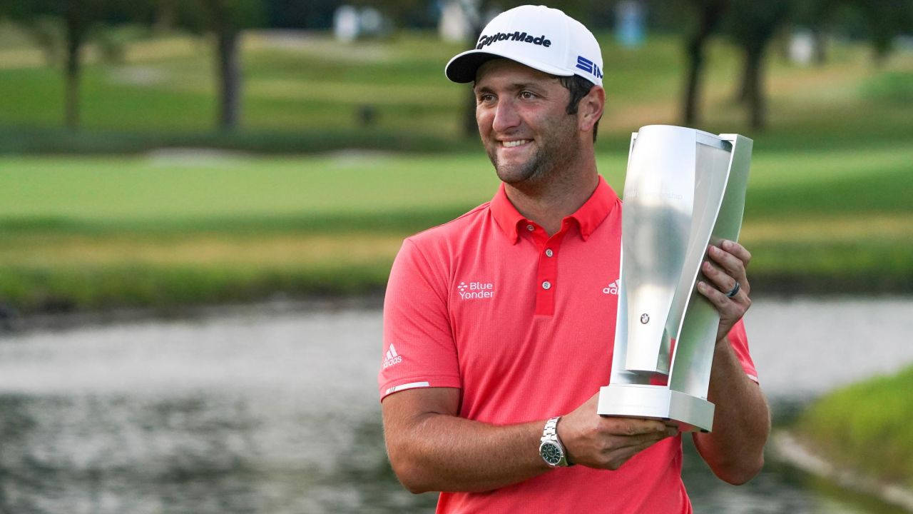 Jon Rahm, silver trophy, red polo, HD Desktop Wallpaper