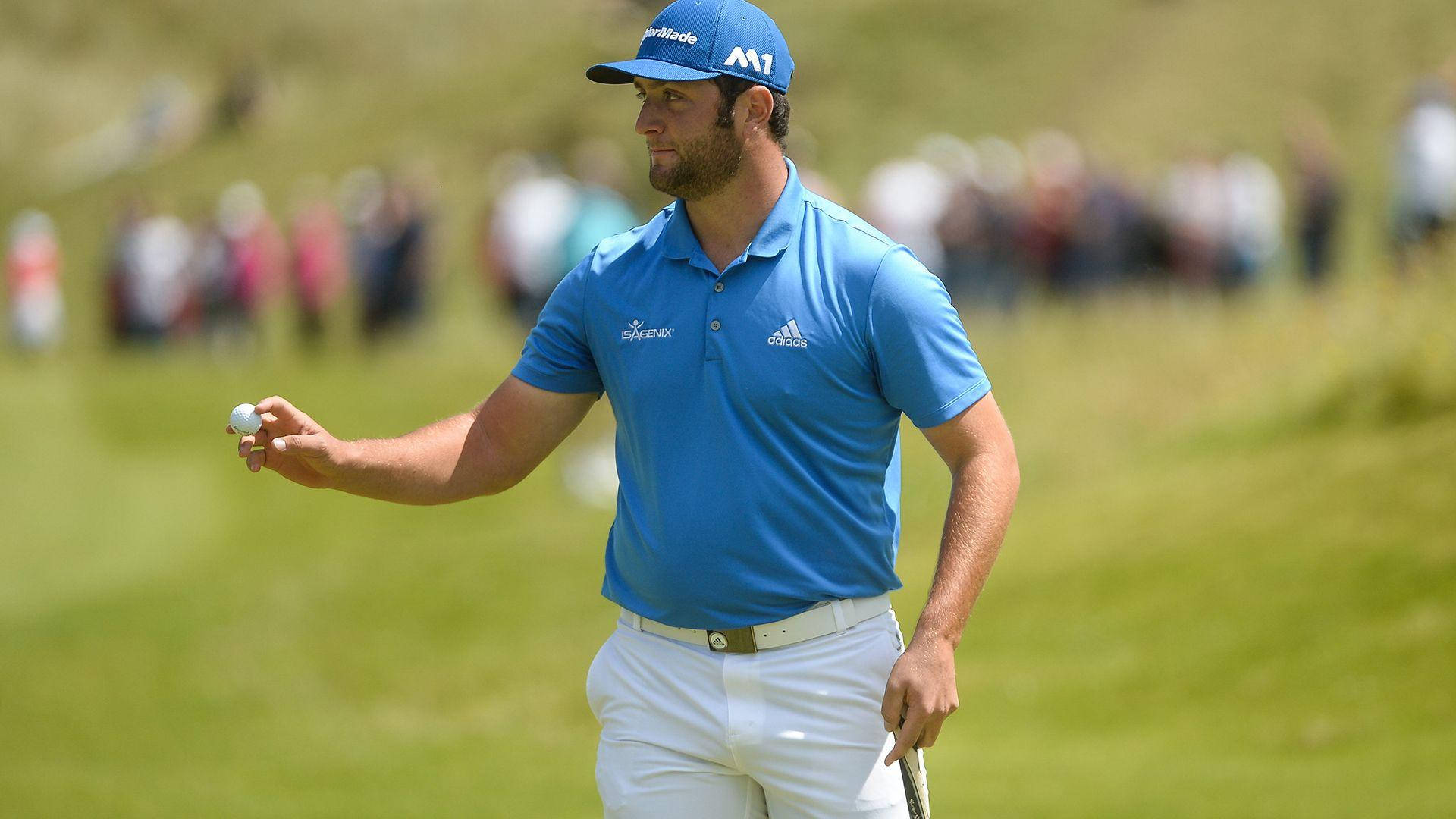 Jon Rahm, blue shirt, white pants, Full HD Desktop Wallpaper