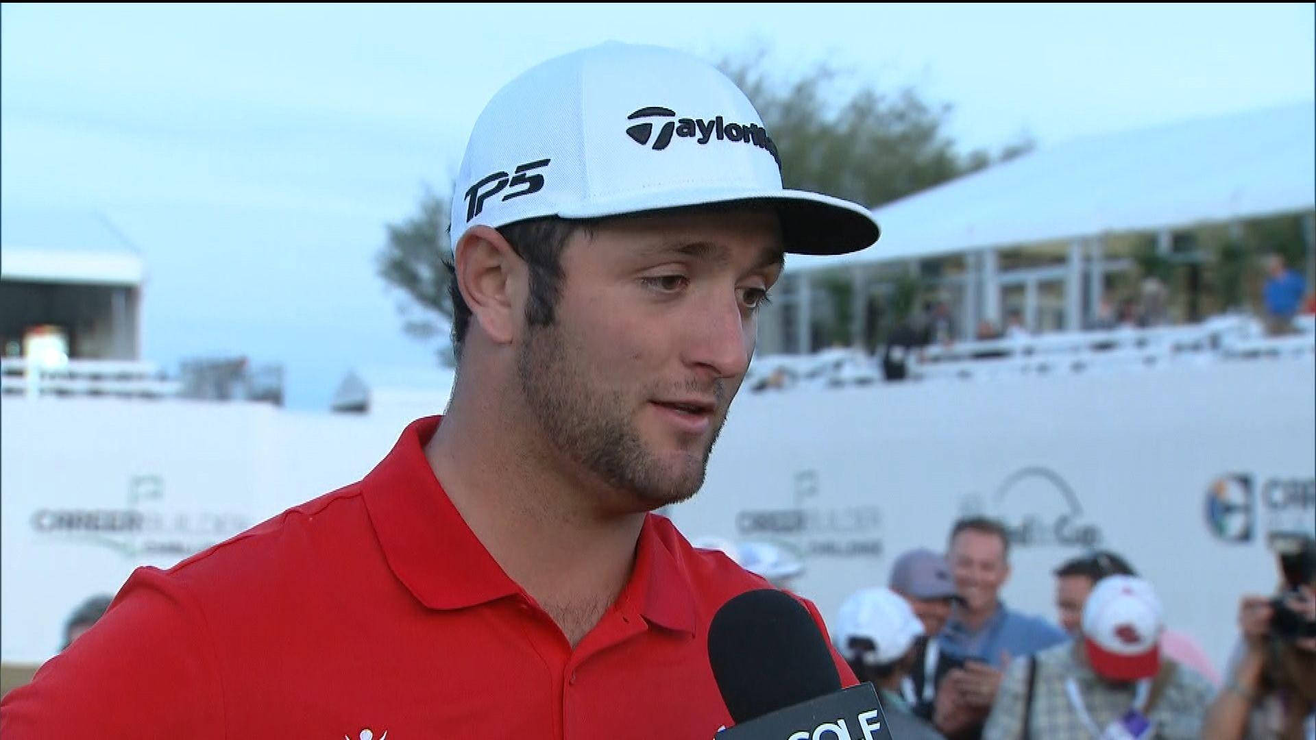 Jon Rahm, red polo, white cap, Full HD Desktop Wallpaper