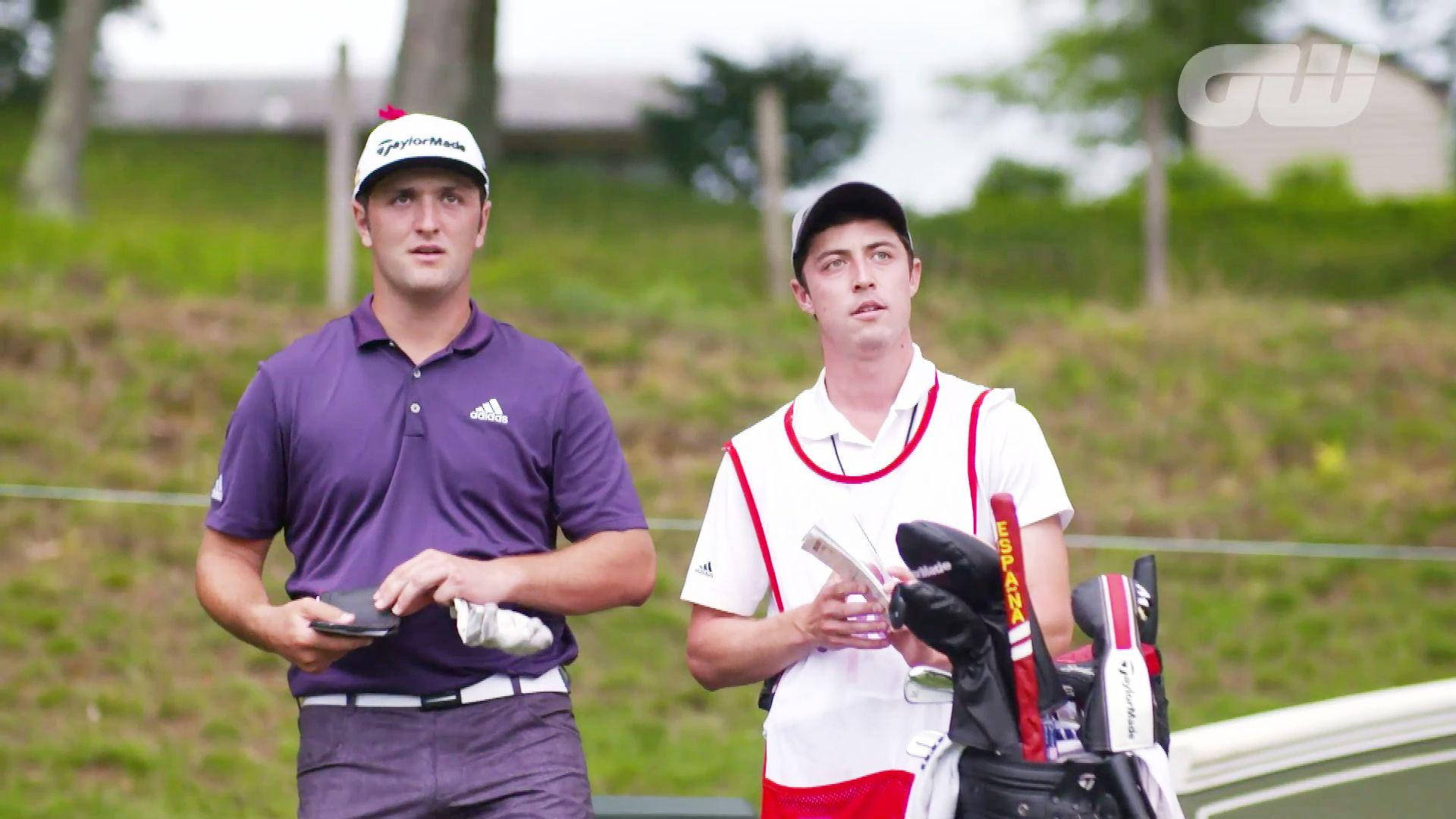Jon Rahm, caddie, purple and white attire, Full HD Desktop Wallpaper