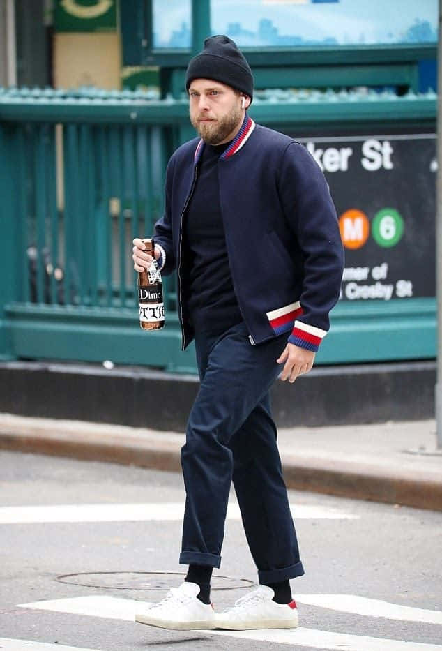 Jonah Hill, navy bomber jacket, beanie, SD Phone Wallpaper
