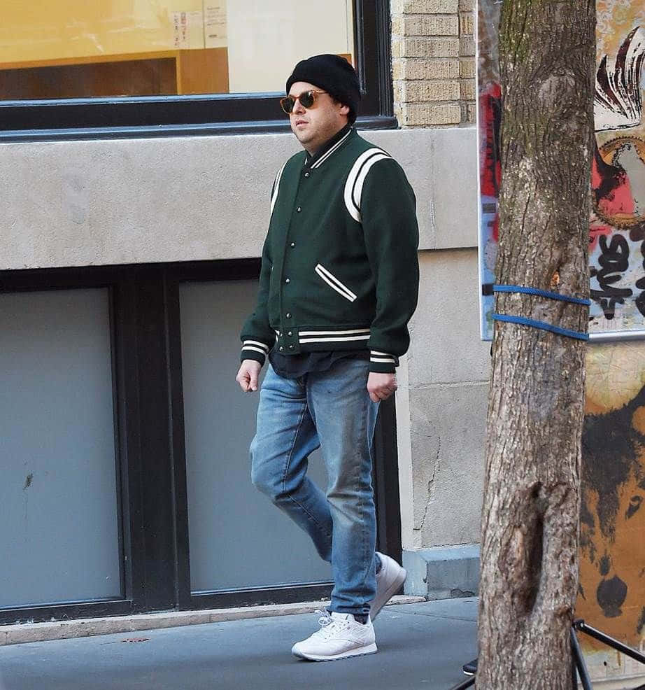Jonah Hill, green varsity jacket, beanie, SD Phone Wallpaper