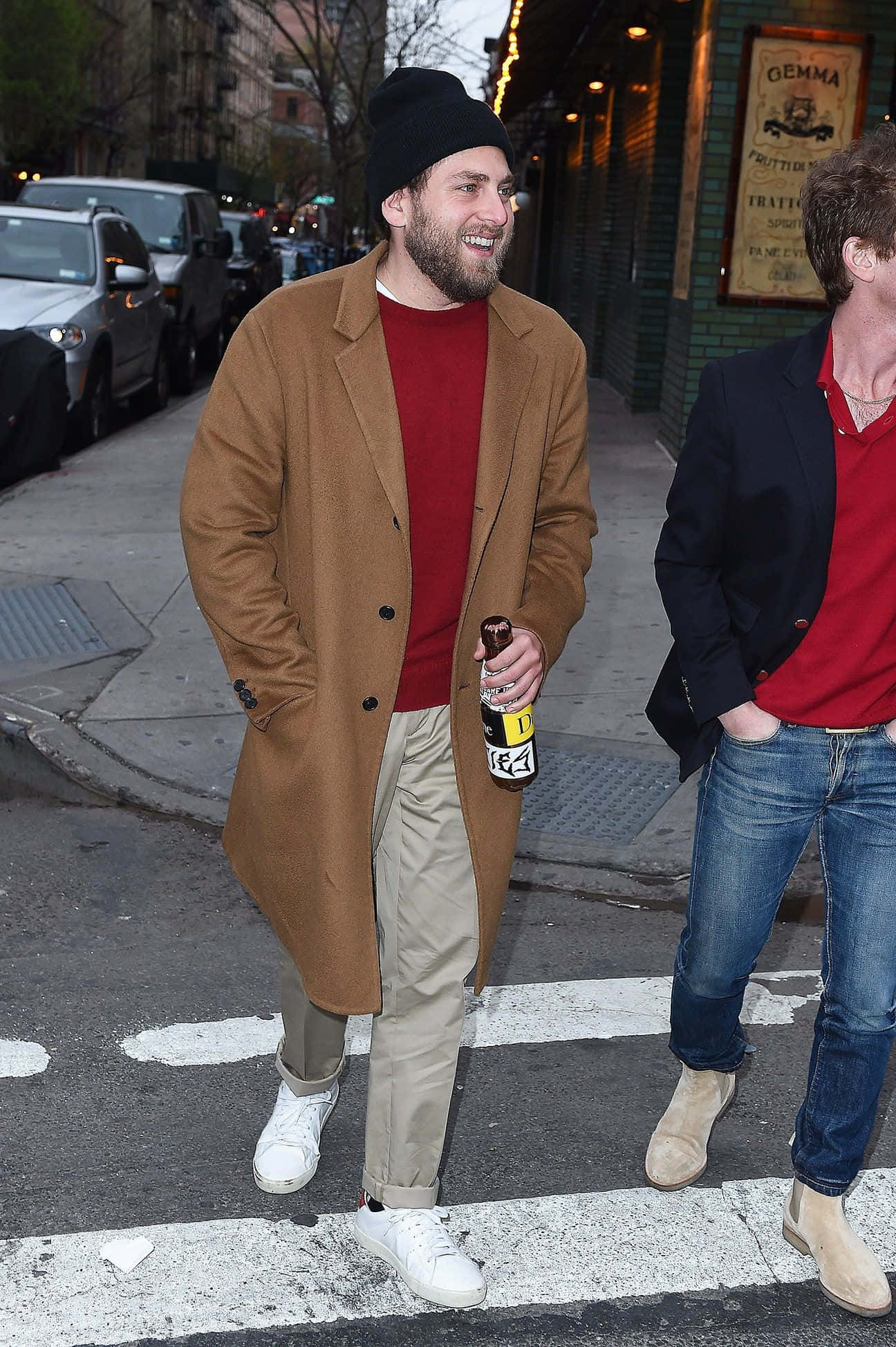 Jonah Hill, tan coat, black beanie, Full HD Phone Wallpaper