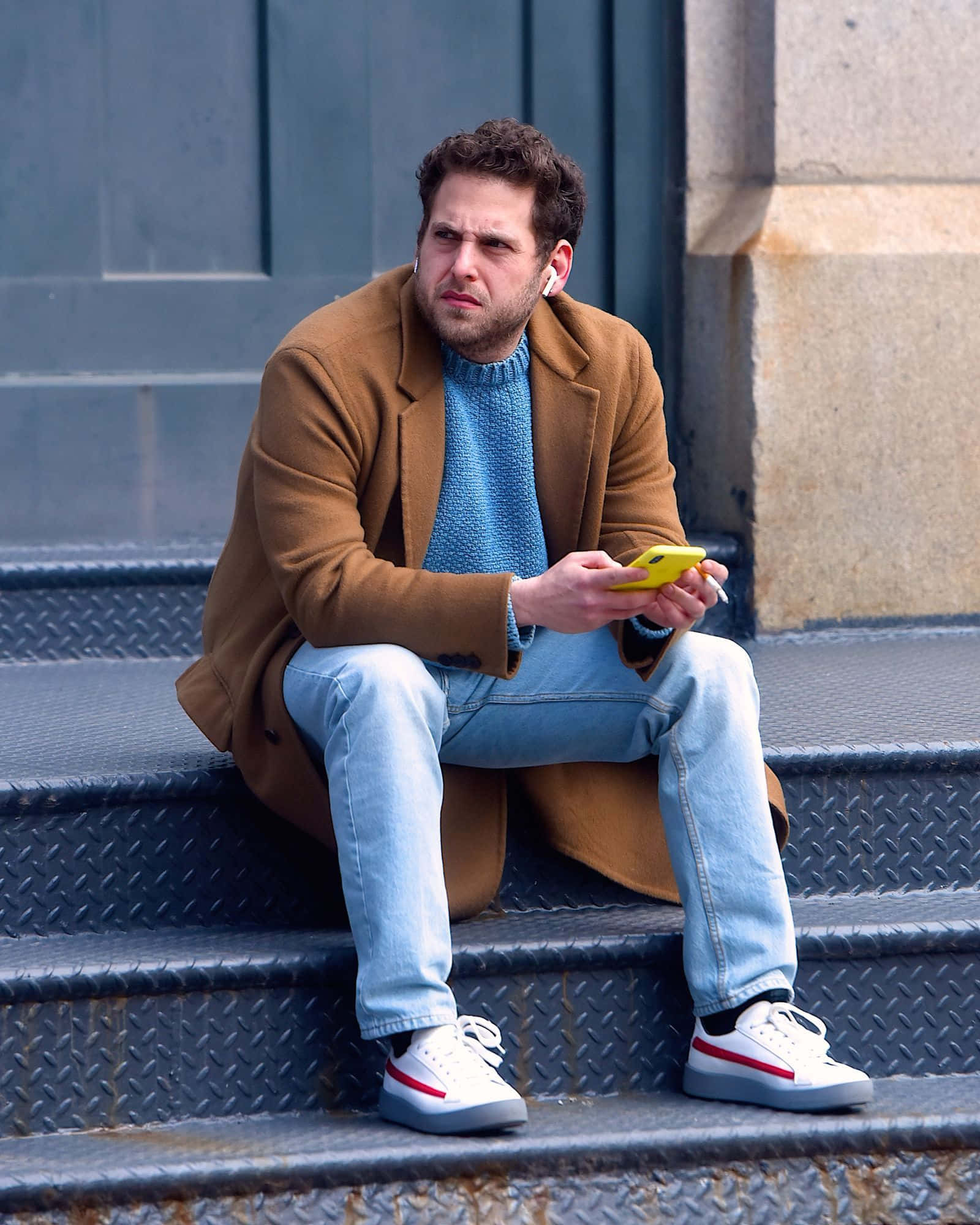Jonah Hill, brown coat, blue sweater, Full HD Phone Wallpaper
