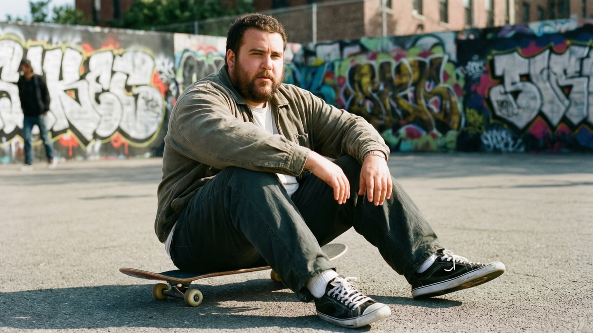 Jonah Hill, skateboard, sunny urban setting, Full HD Desktop Wallpaper