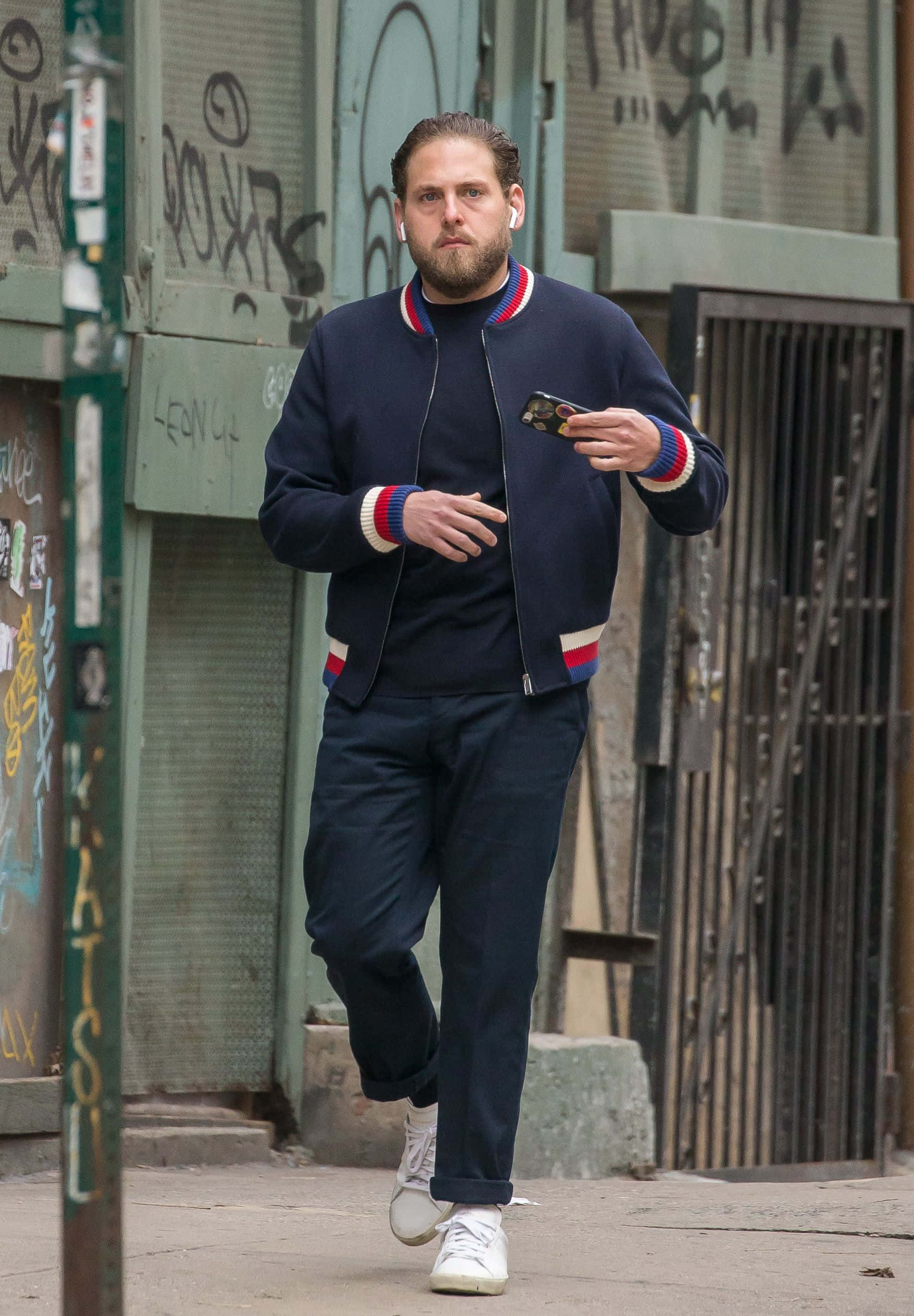 Jonah Hill, navy blue varsity jacket, red white and blue trim, Full HD Phone Wallpaper