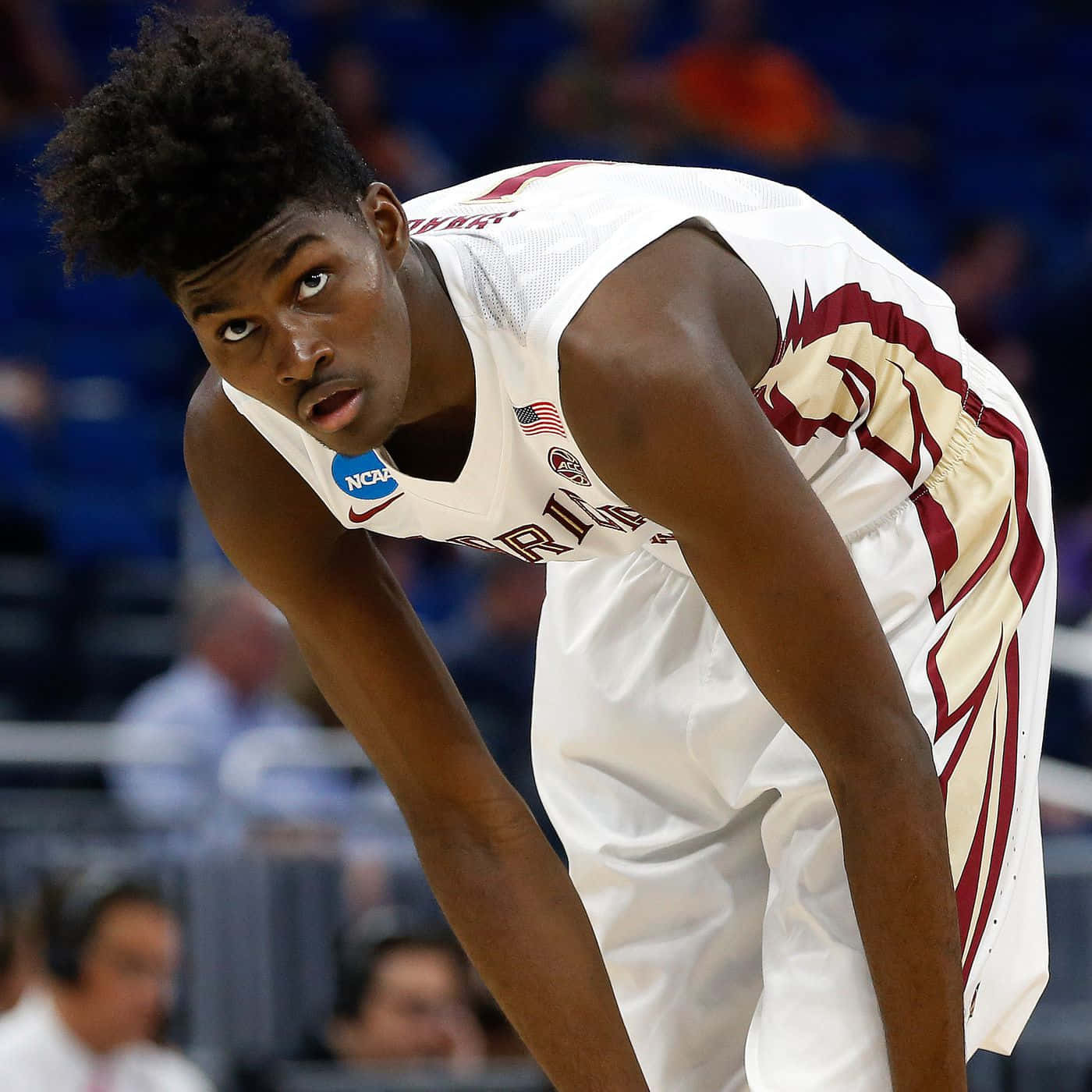 Jonathan Isaac, white and maroon uniform, bright arena lights, HD Desktop Wallpaper