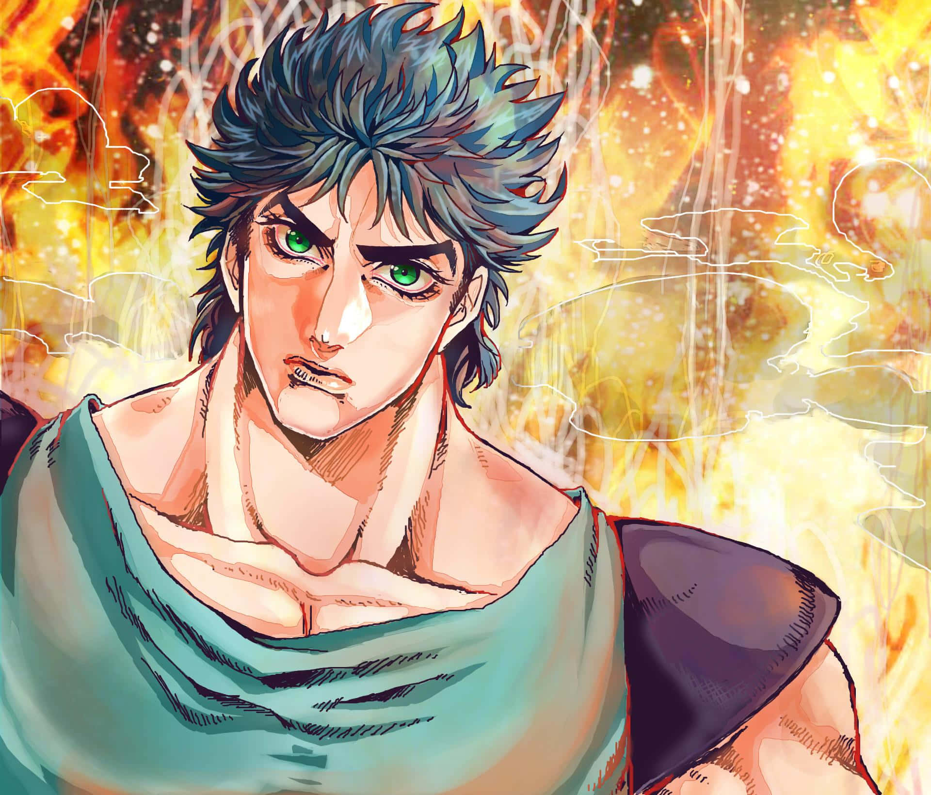 Jonathan Joestar, spiky blue hair, glowing green eyes, Full HD Desktop Wallpaper