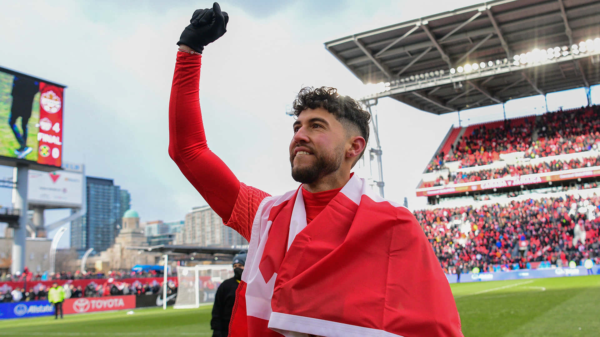 Jonathan Osorio, Canadian midfielder, red and white flag, Full HD Desktop Wallpaper