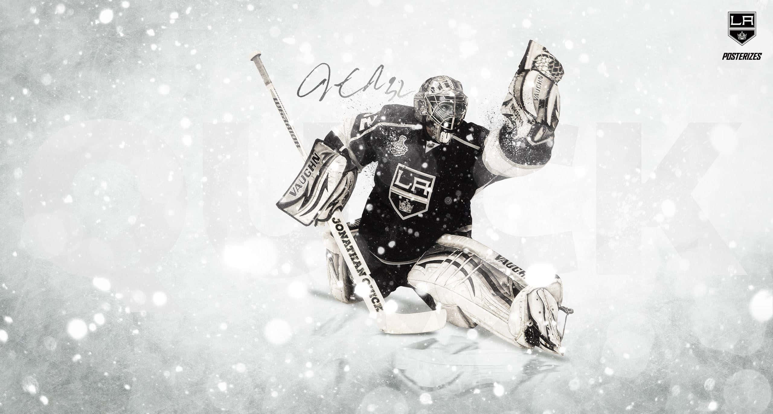Jonathan Quick, black and silver gear, snowy backdrop, 2K Desktop Wallpaper