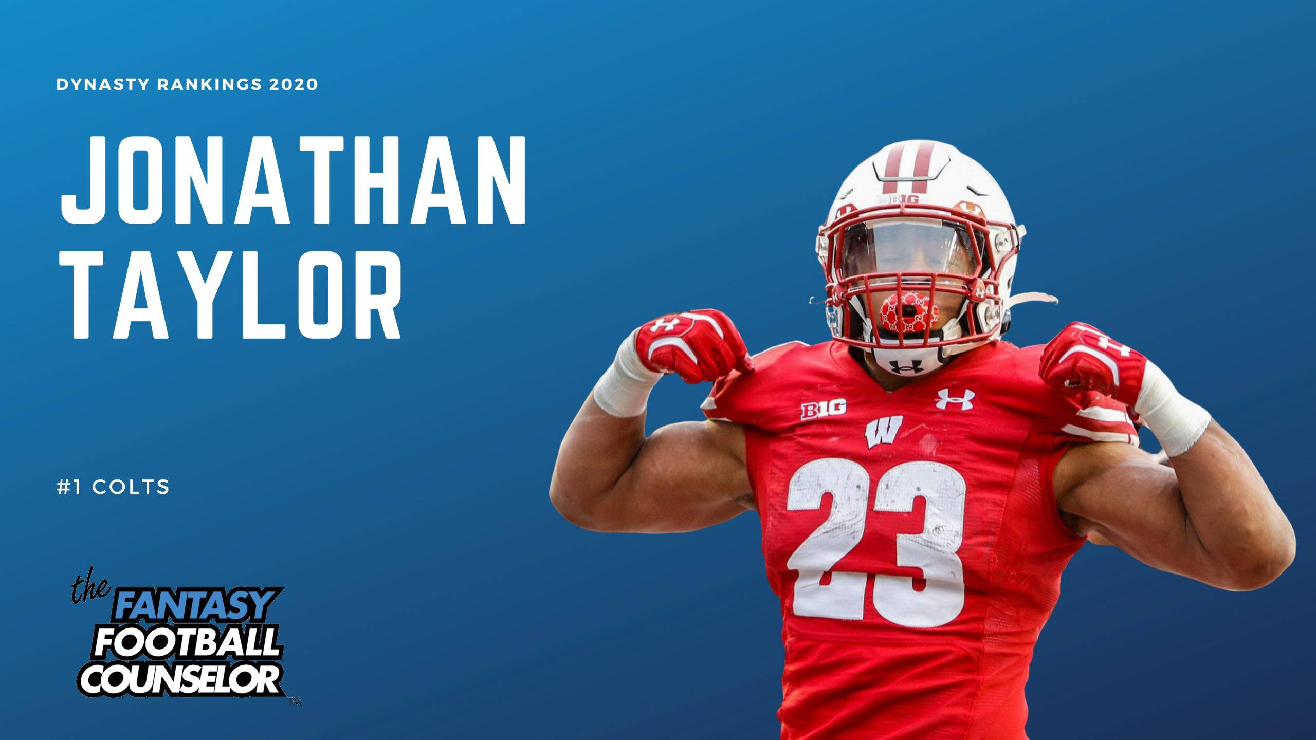 Jonathan Taylor, red uniform, blue background, 2K Desktop Wallpaper