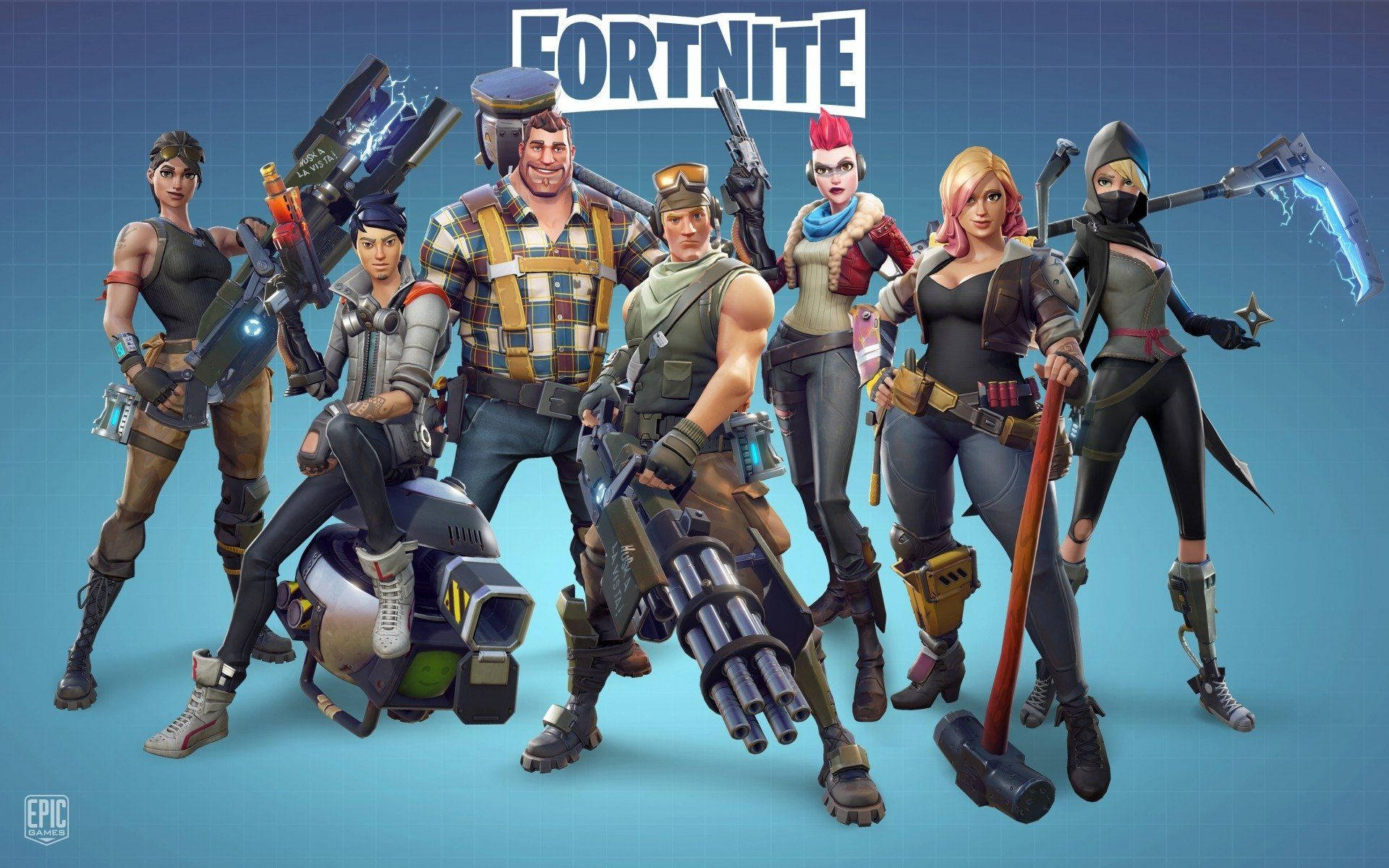 Fortnite, blue grid background, game logo, Full HD Desktop Wallpaper