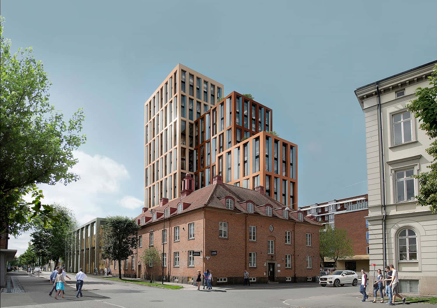 Jönköping, serene sunset, modern glass and wood tower, HD Desktop Wallpaper