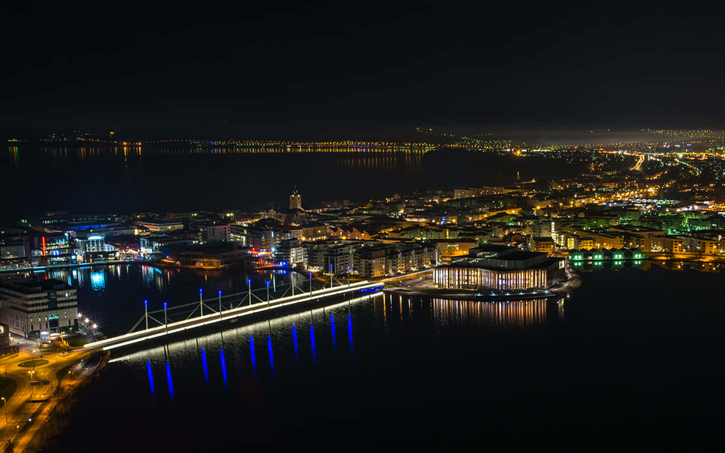 Jönköping, Night Skyline, brightly lit bridge, HD Desktop Wallpaper