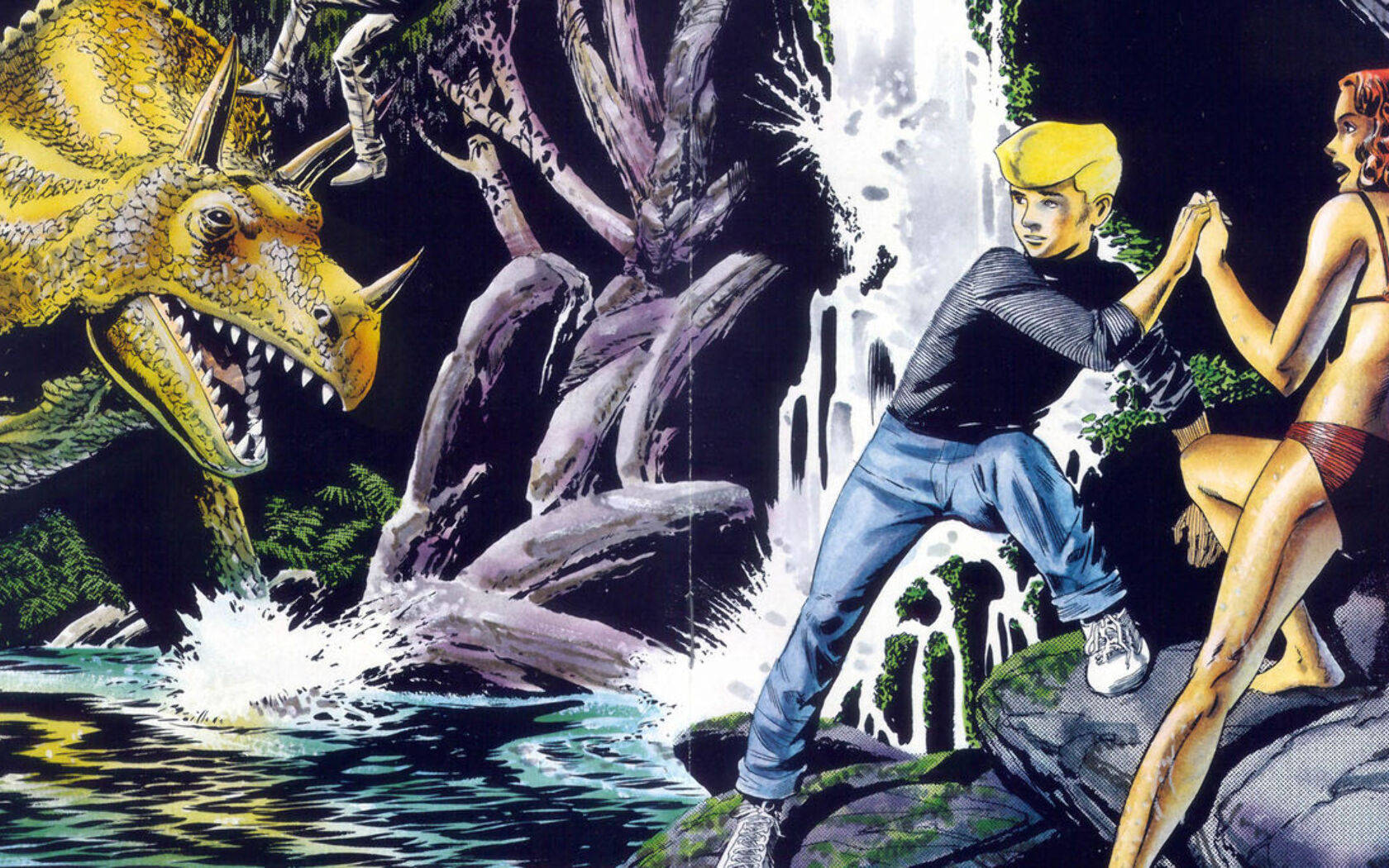 Jonny Quest, triceratops, waterfall, HD Desktop Wallpaper