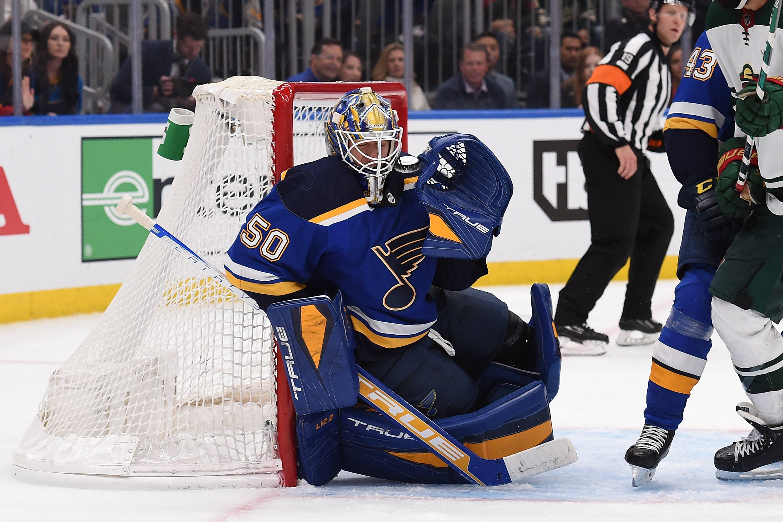 Jordan Binnington, Hockey League, blue and gold gear, 2K Desktop Wallpaper