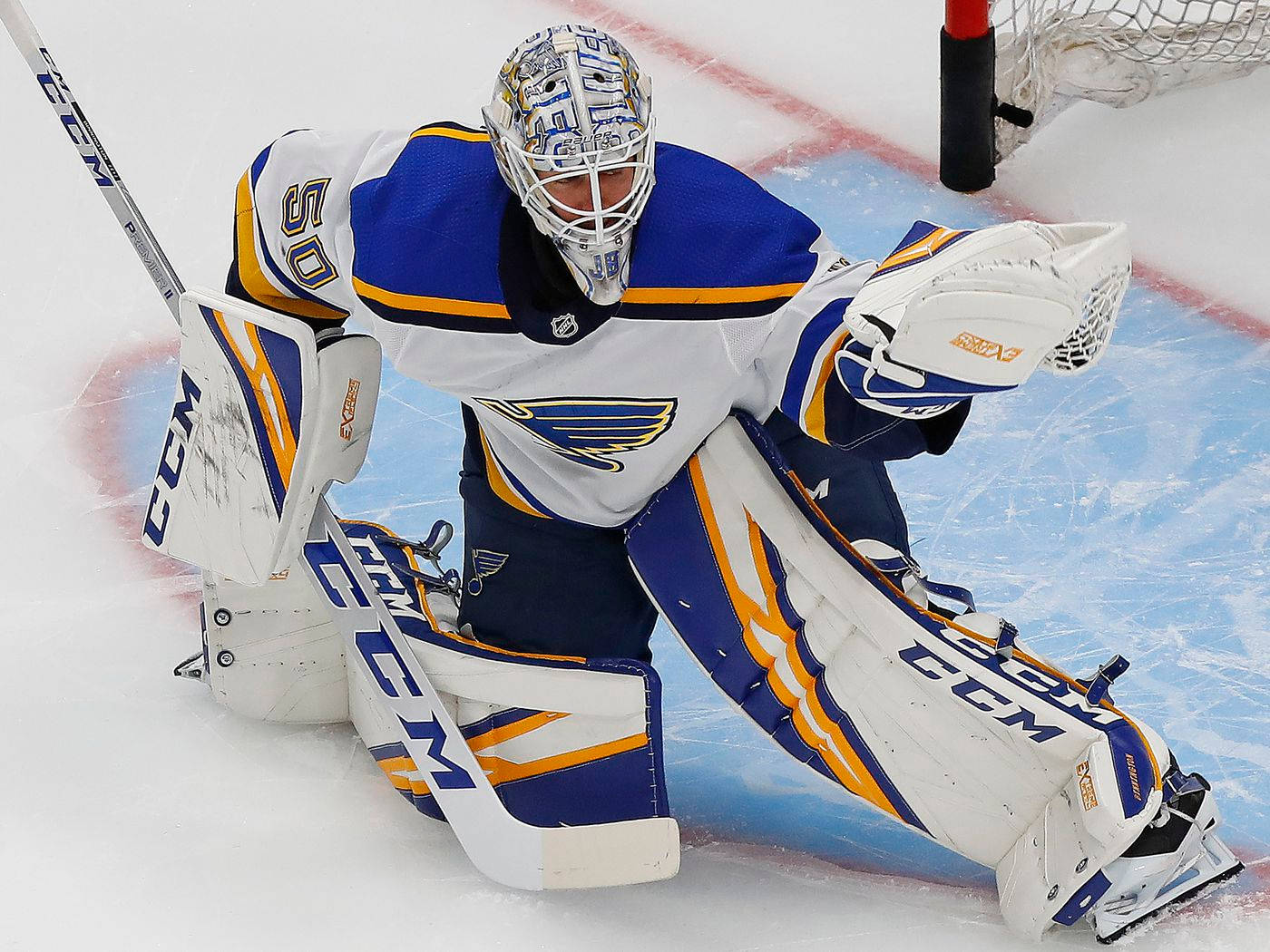 Jordan Binnington, blue yellow and white gear, ice, HD Desktop Wallpaper