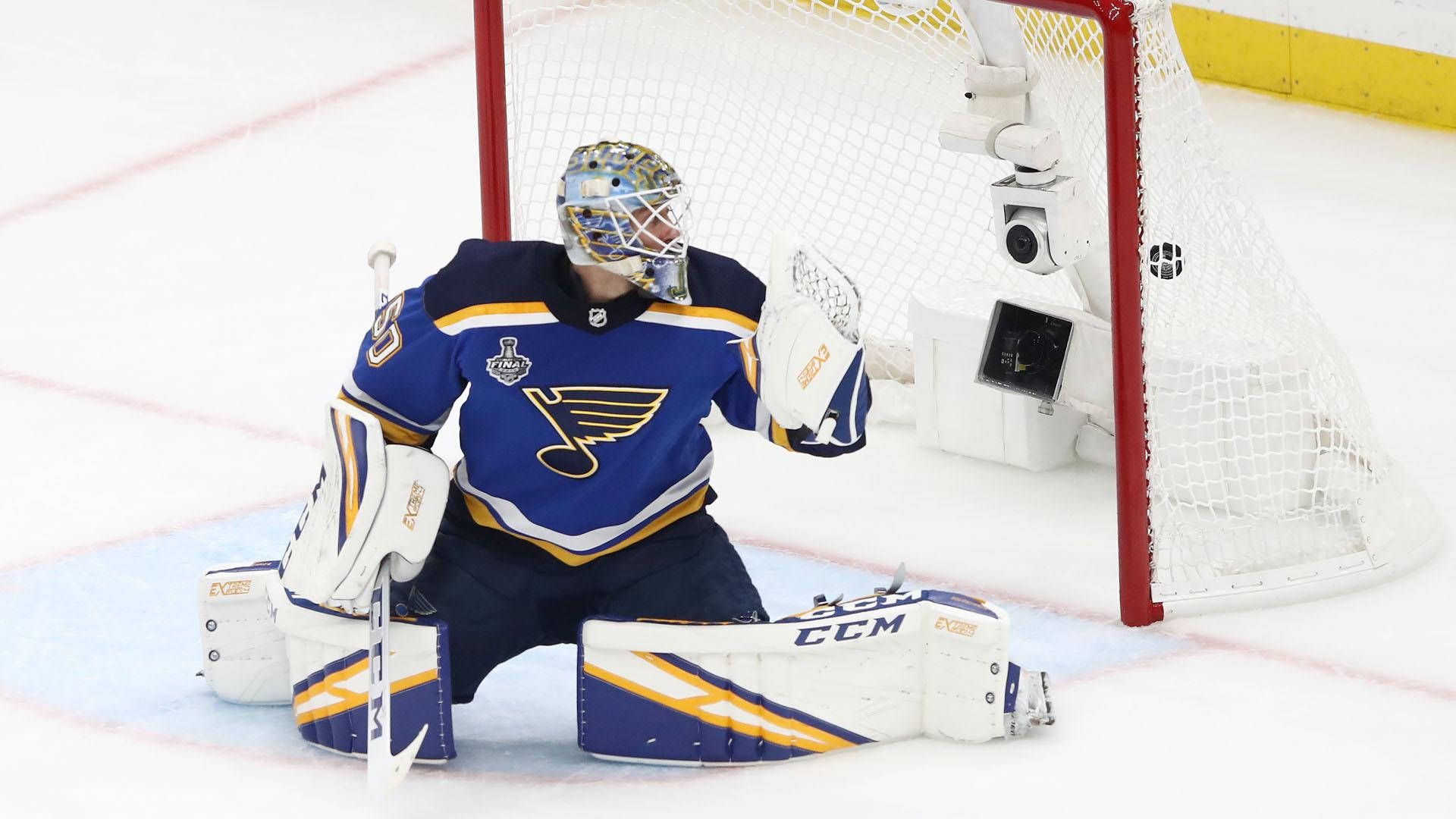 Jordan Binnington, blue and gold gear, ice rink, Full HD Desktop Wallpaper