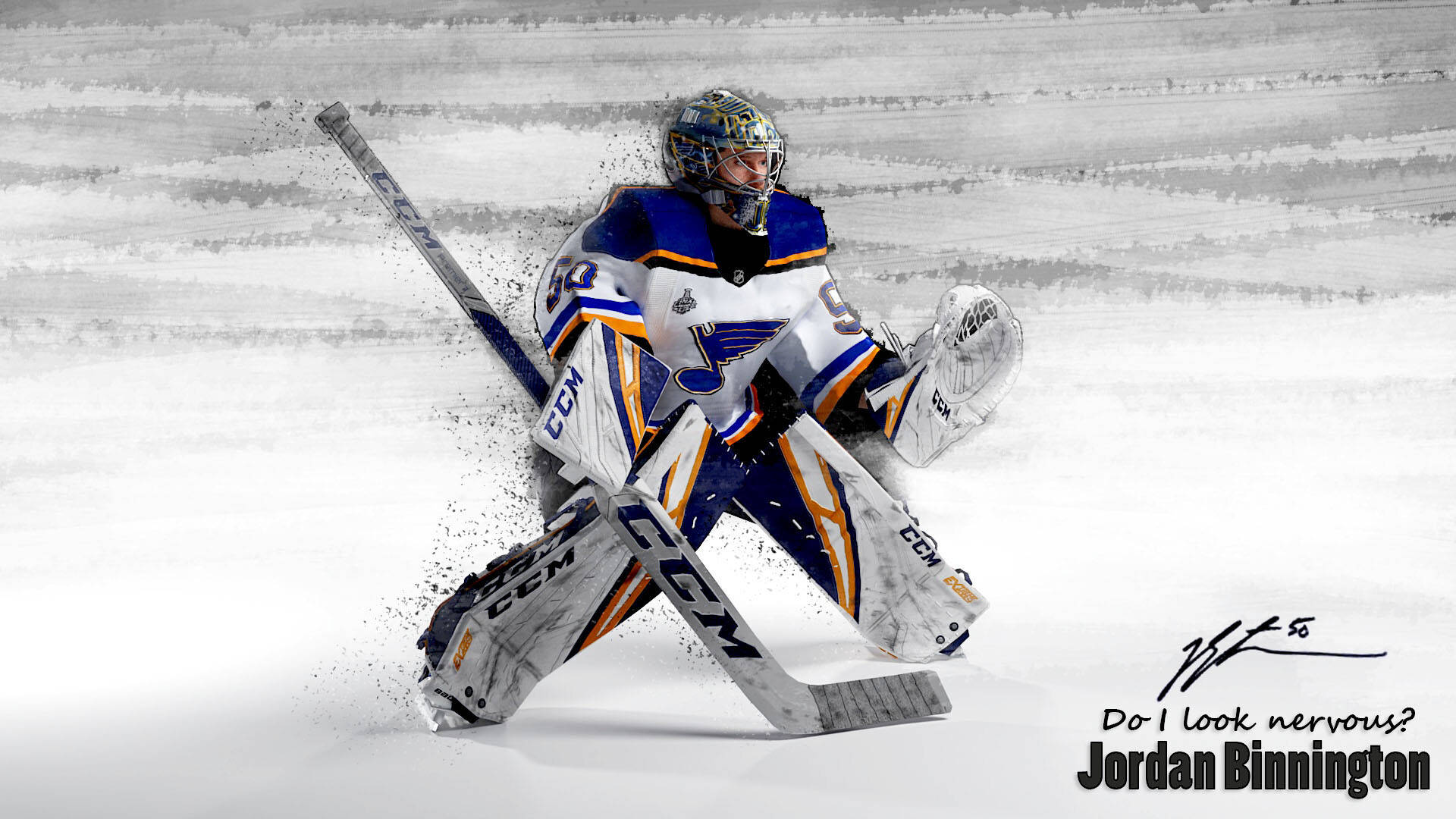 Jordan Binnington, blue gold and white gear, ice, Full HD Desktop Wallpaper