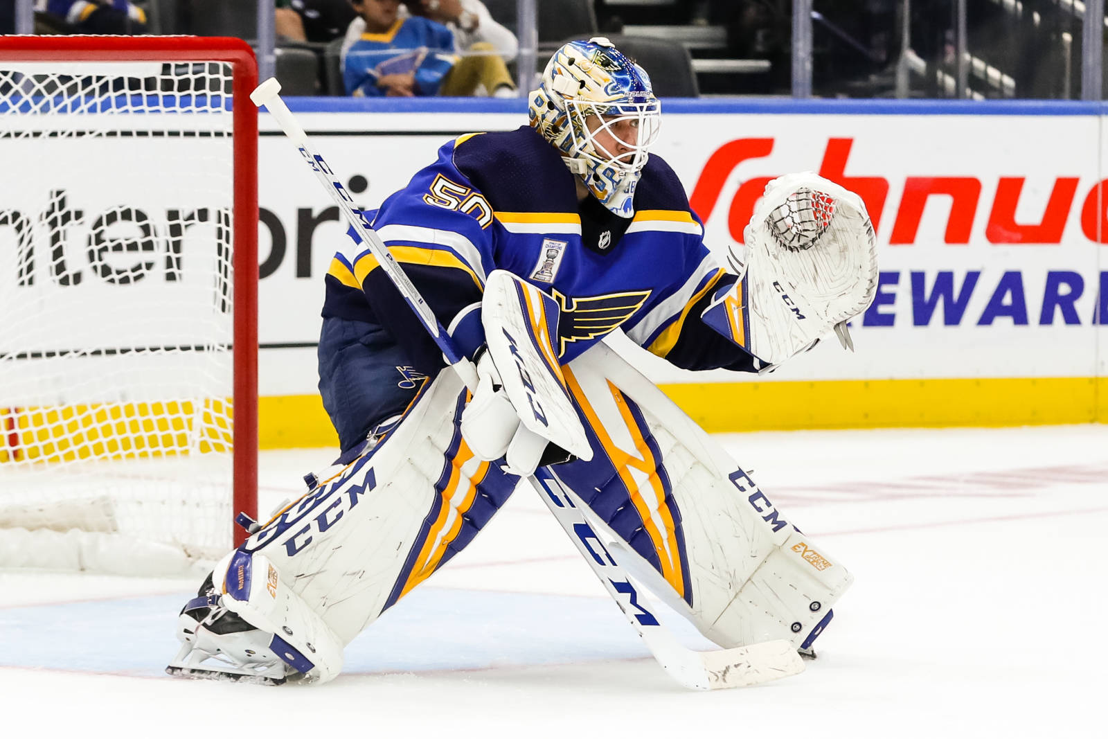 Jordan Binnington, Hockey League No. 50, blue yellow and white gear, HD Desktop Wallpaper