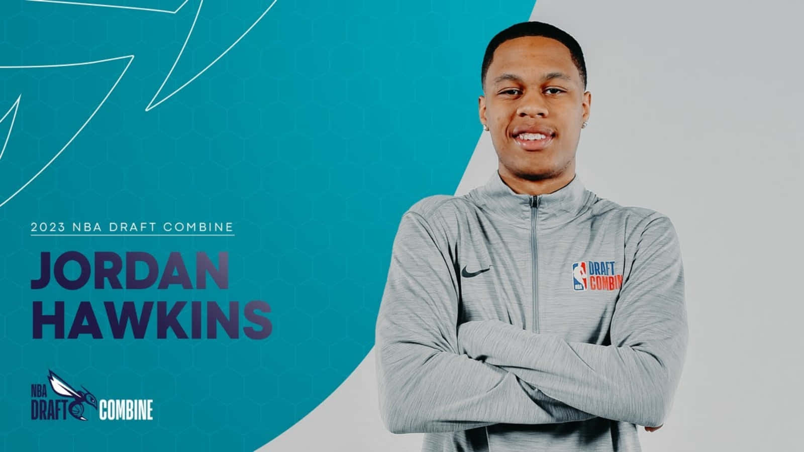 Jordan Hawkins, gray zip-up jacket, teal and white graphic background, HD Desktop Wallpaper