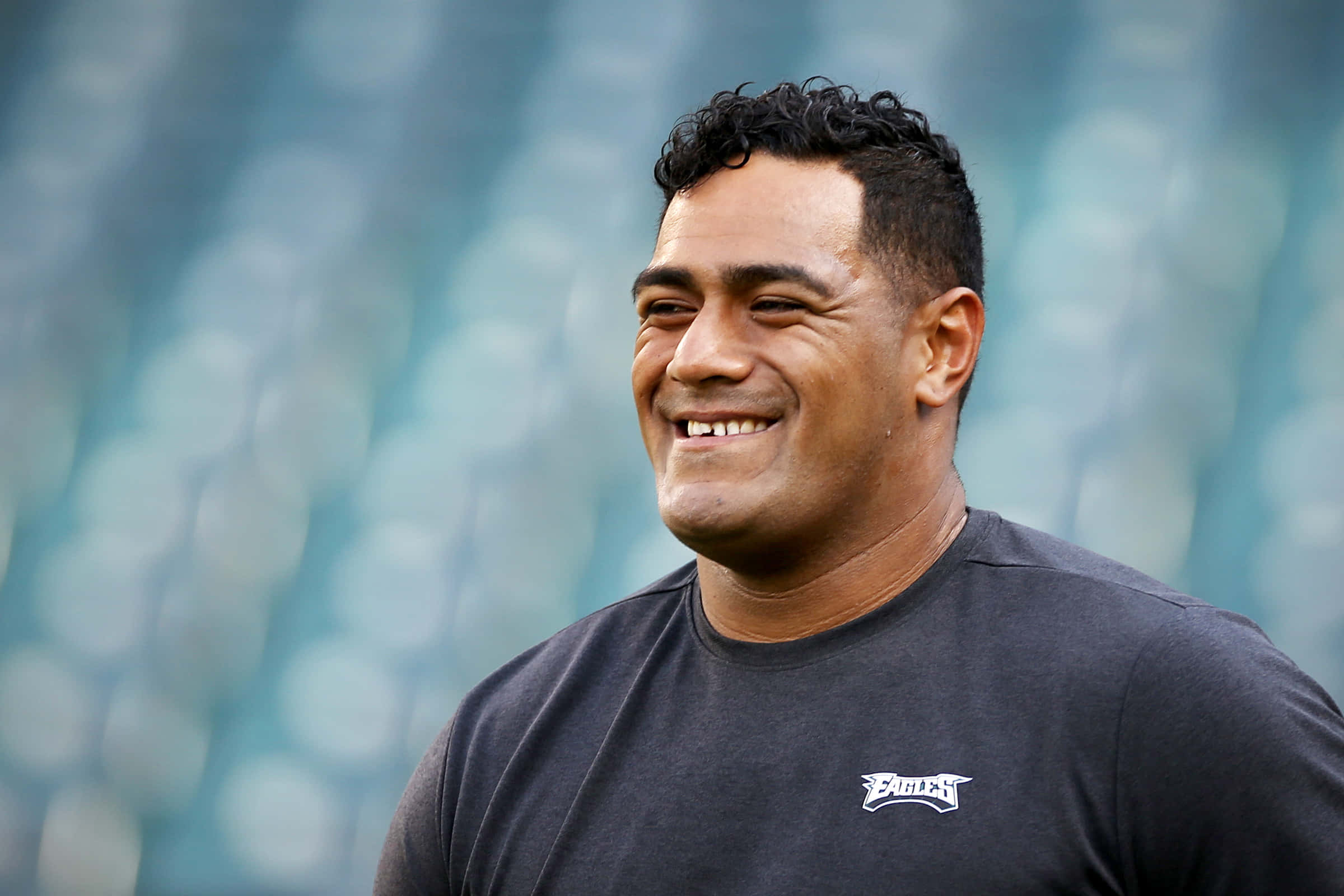 Jordan Mailata, dark curly hair, dark gray t-shirt, Full HD Desktop Wallpaper