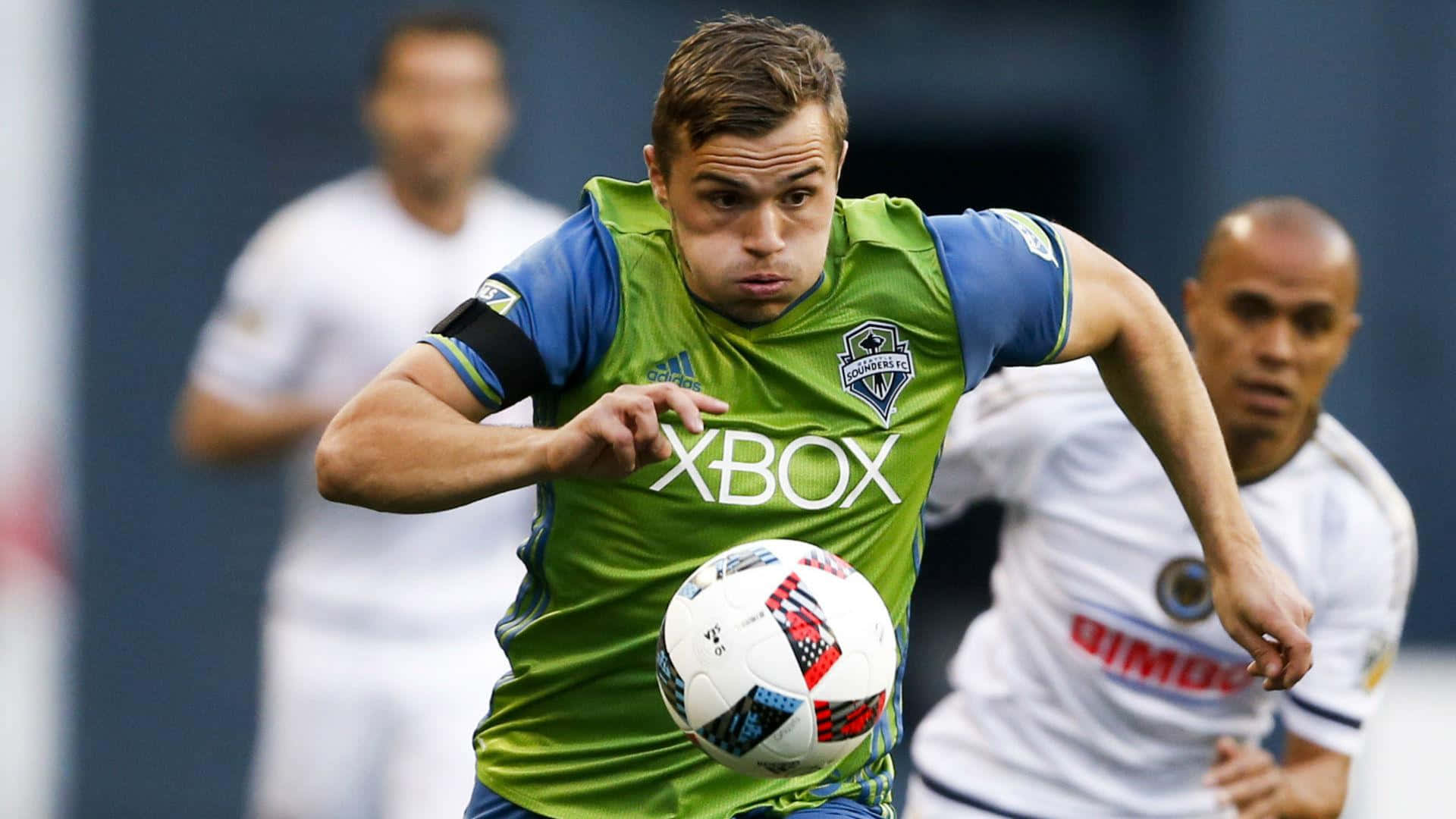 Jordan Morris, green jersey, patterned ball, Full HD Desktop Wallpaper