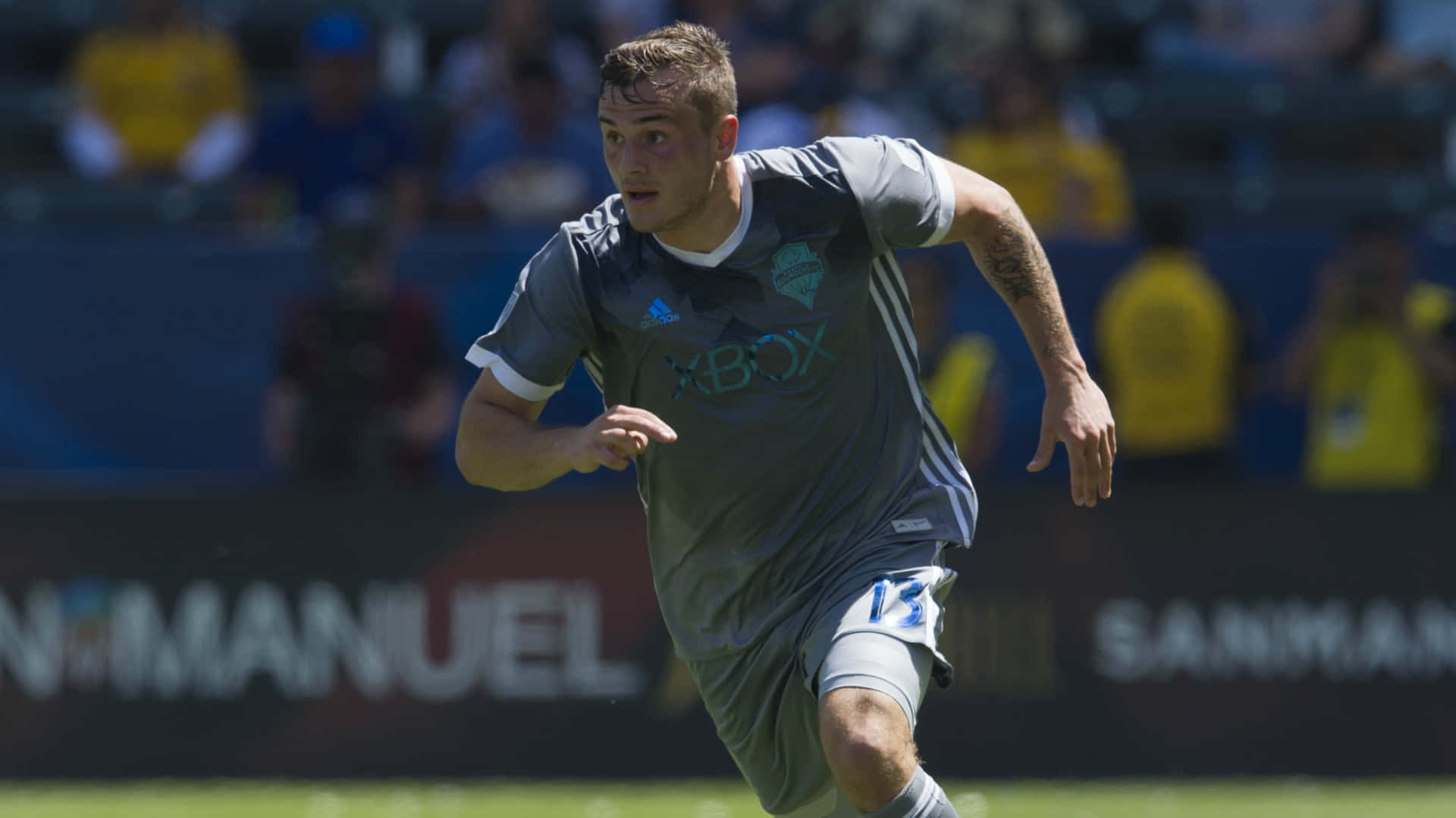 Jordan Morris, gray Xbox jersey, sunlit field, Full HD Desktop Wallpaper