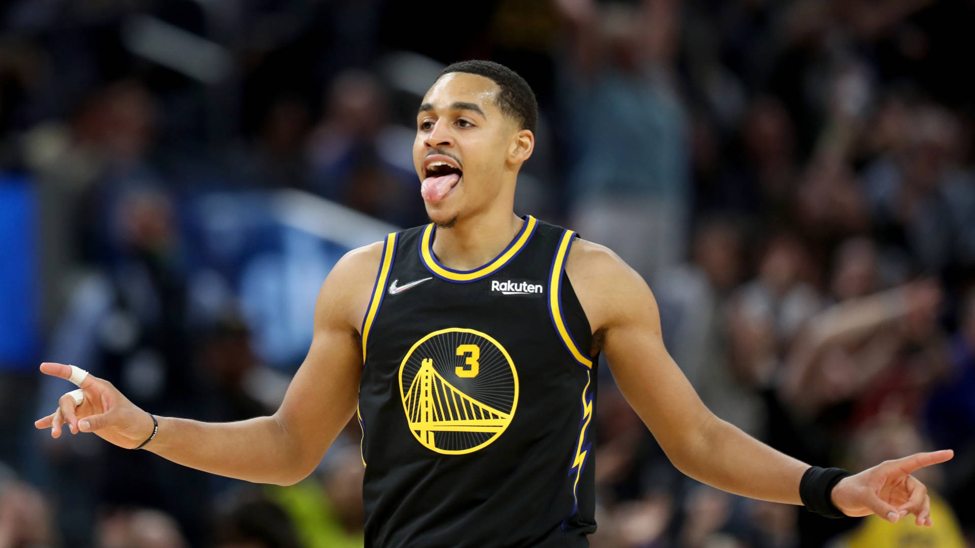 Jordan Poole, black and yellow jersey, number 3, Full HD Desktop Wallpaper
