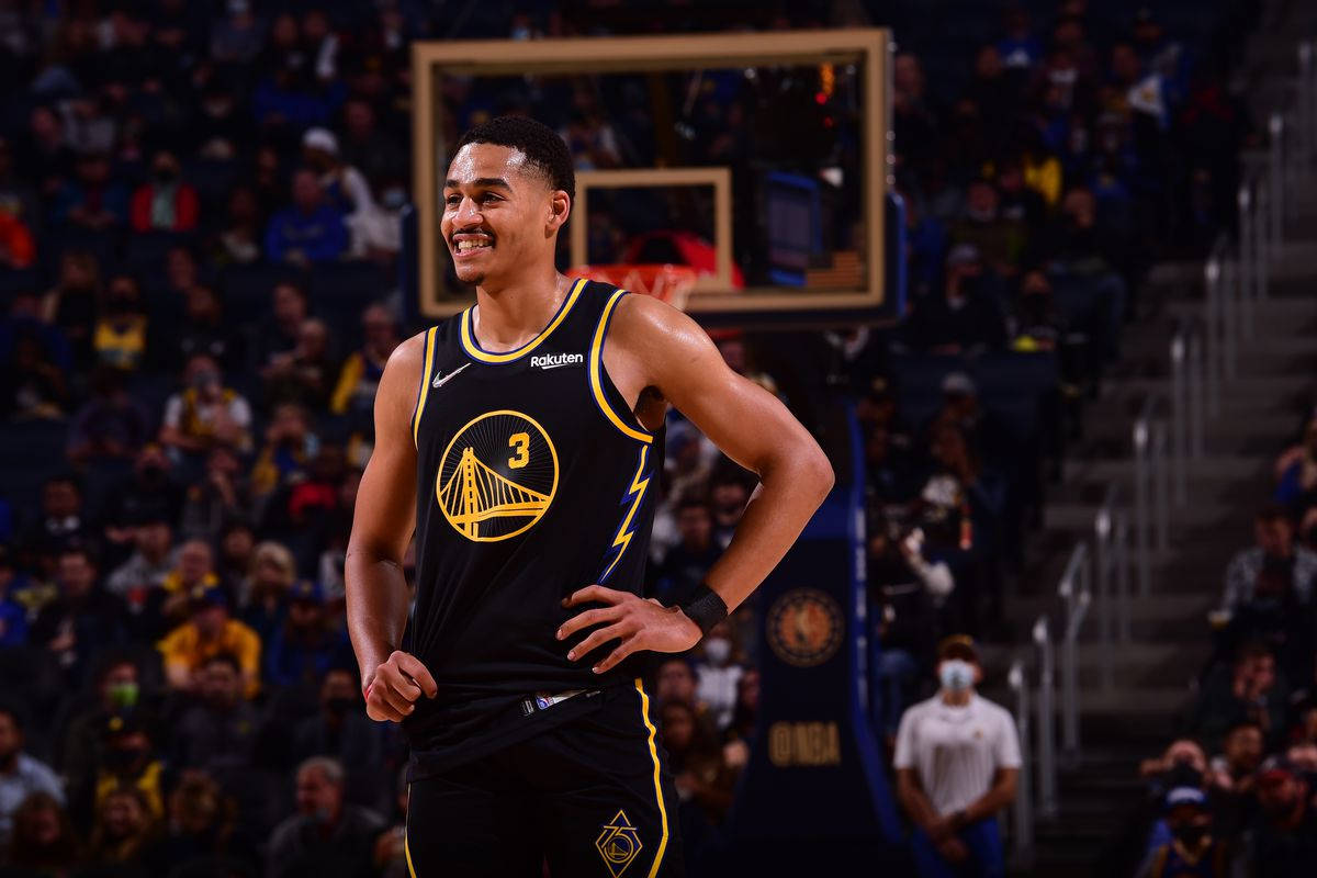 Jordan Poole, black and gold jersey, brightly lit court, SD Desktop Wallpaper