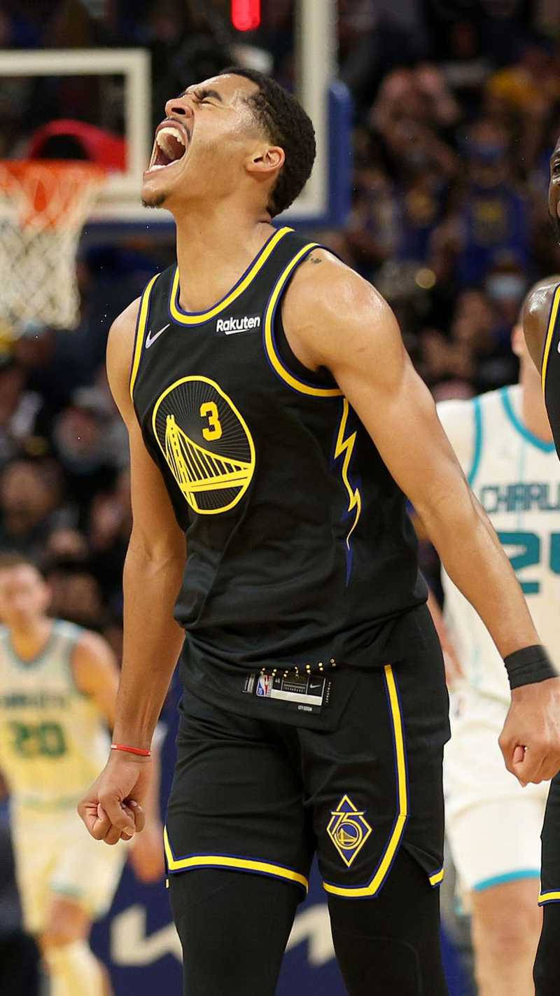 Jordan Poole, black and yellow jersey, bright arena lights, HD Phone Wallpaper