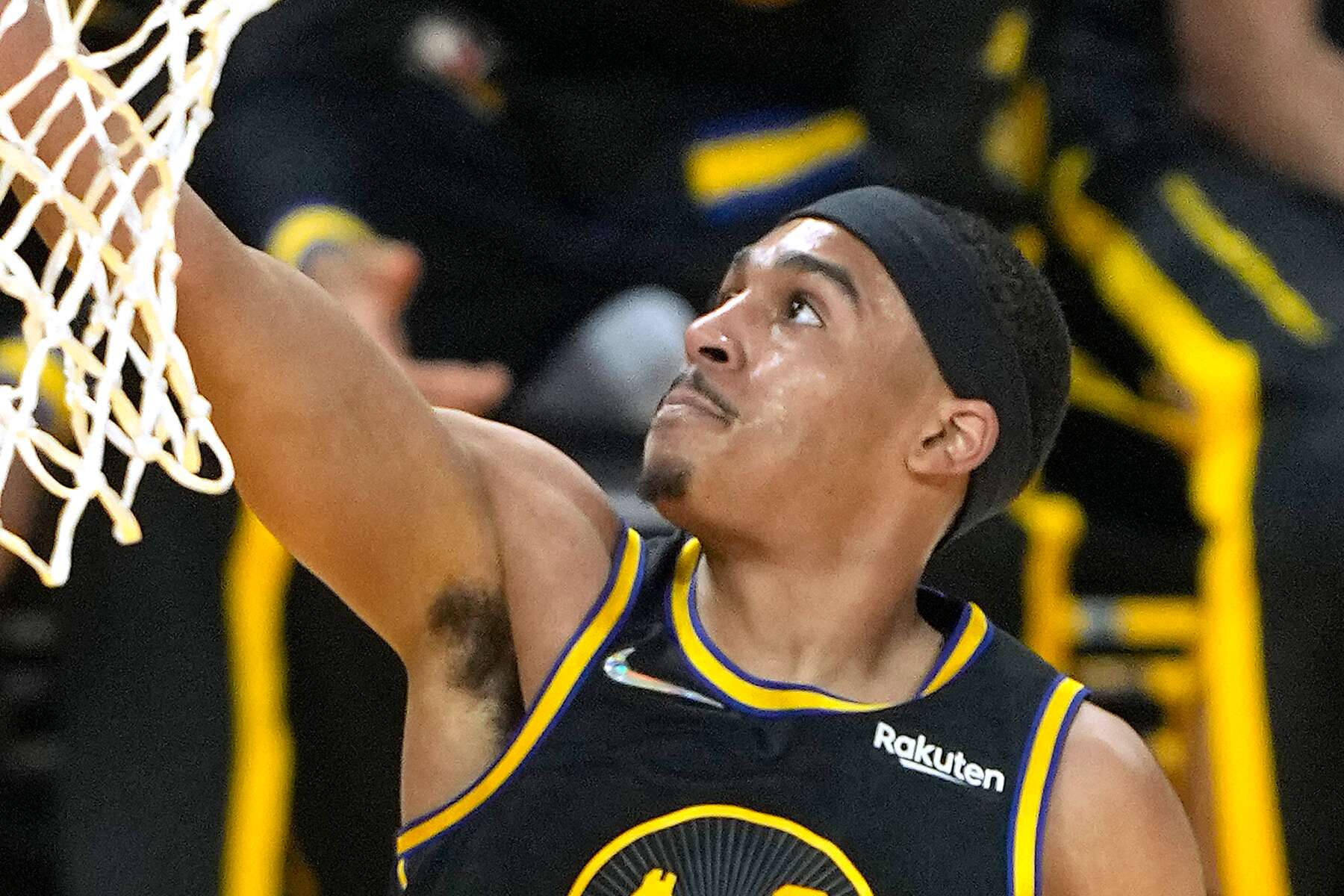 Jordan Poole, black and yellow jersey, basketball player, HD Desktop Wallpaper