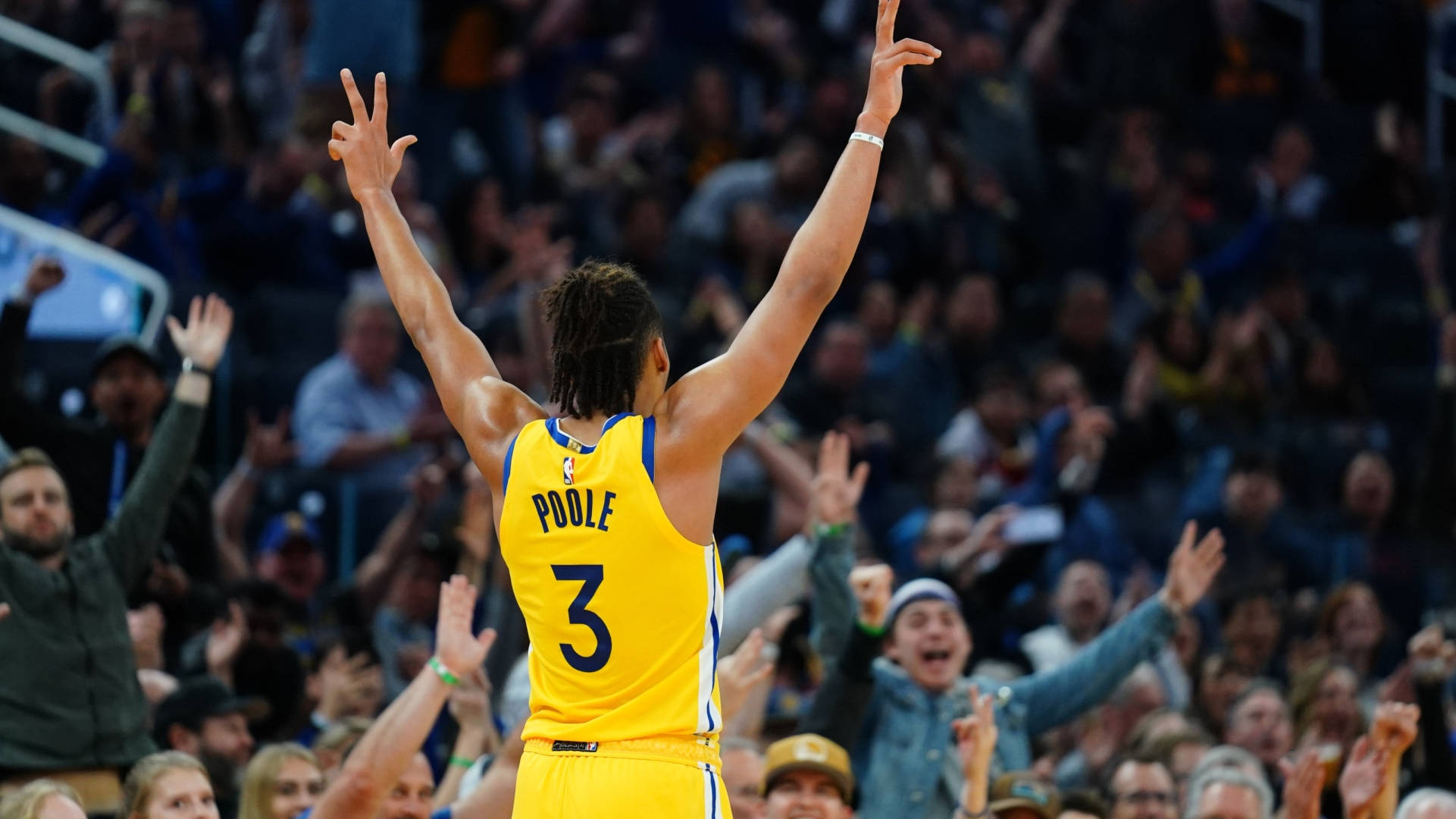 Jordan Poole, yellow jersey, number 3, Full HD Desktop Wallpaper