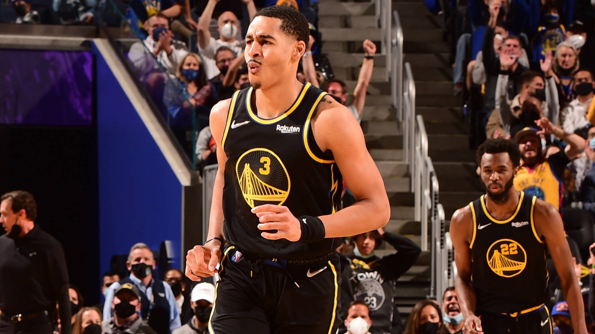 Jordan Poole, black and gold jersey, number 3, Full HD Desktop Wallpaper
