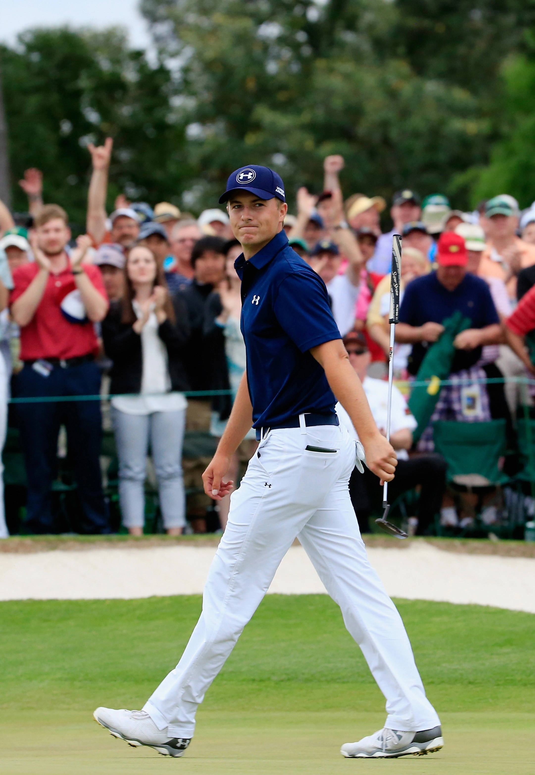 Jordan Spieth, blue shirt, white pants, 2K Phone Wallpaper