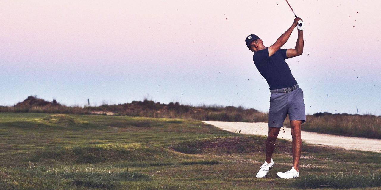 Jordan Spieth, golf swing, grassy course, HD Desktop Wallpaper
