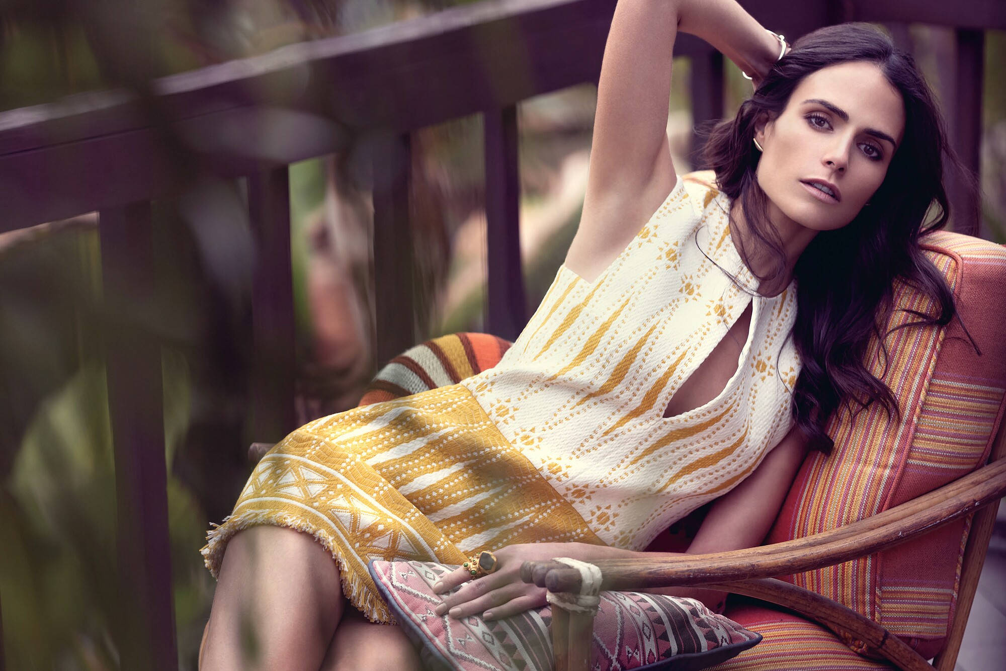 Jordana Brewster, yellow mini dress, wooden chair, Full HD Desktop Wallpaper