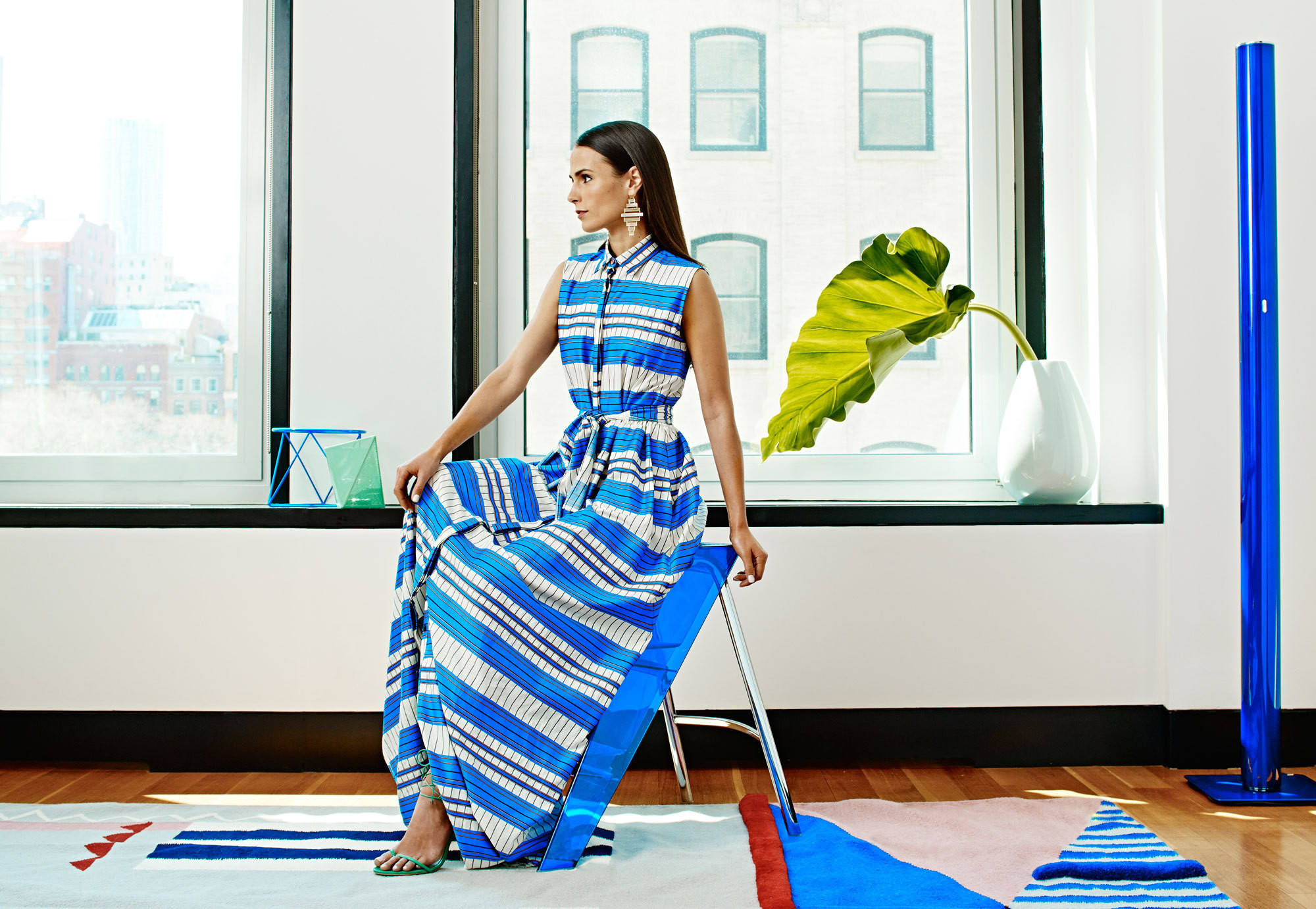 Jordana Brewster, striped blue dress, bright window, Full HD Desktop Wallpaper
