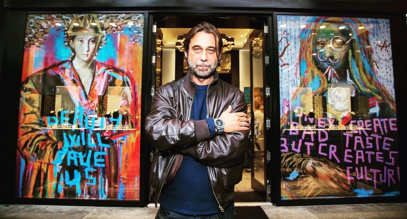 Jordi Mollà, leather jacket, vibrant graffiti-covered glass doors, HD Desktop Wallpaper