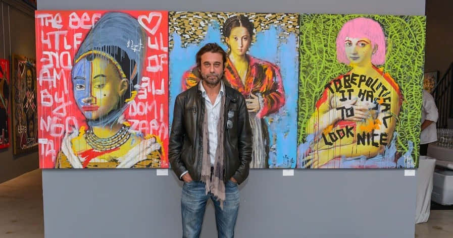 Jordi Mollà, leather jacket, pop art paintings, SD Desktop Wallpaper